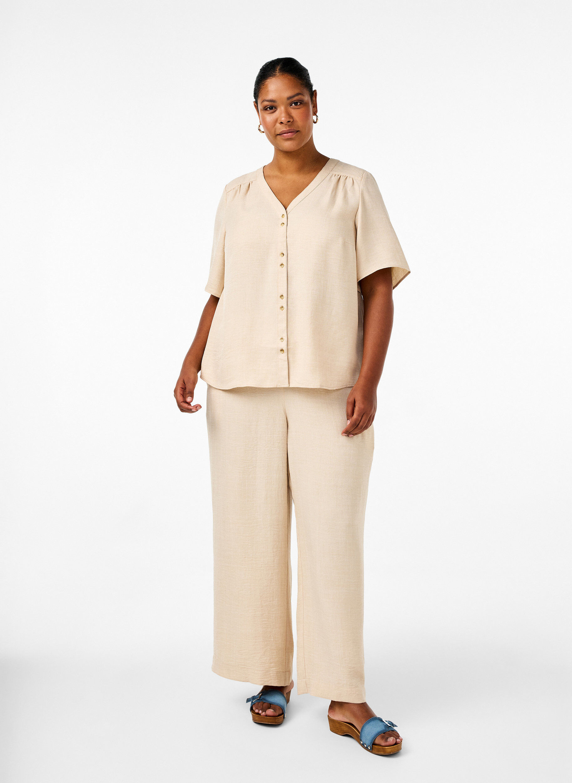 Zizzi Pantalon ample avec ceinture &eacute;lastique et poches, Beige, Model image number 0
