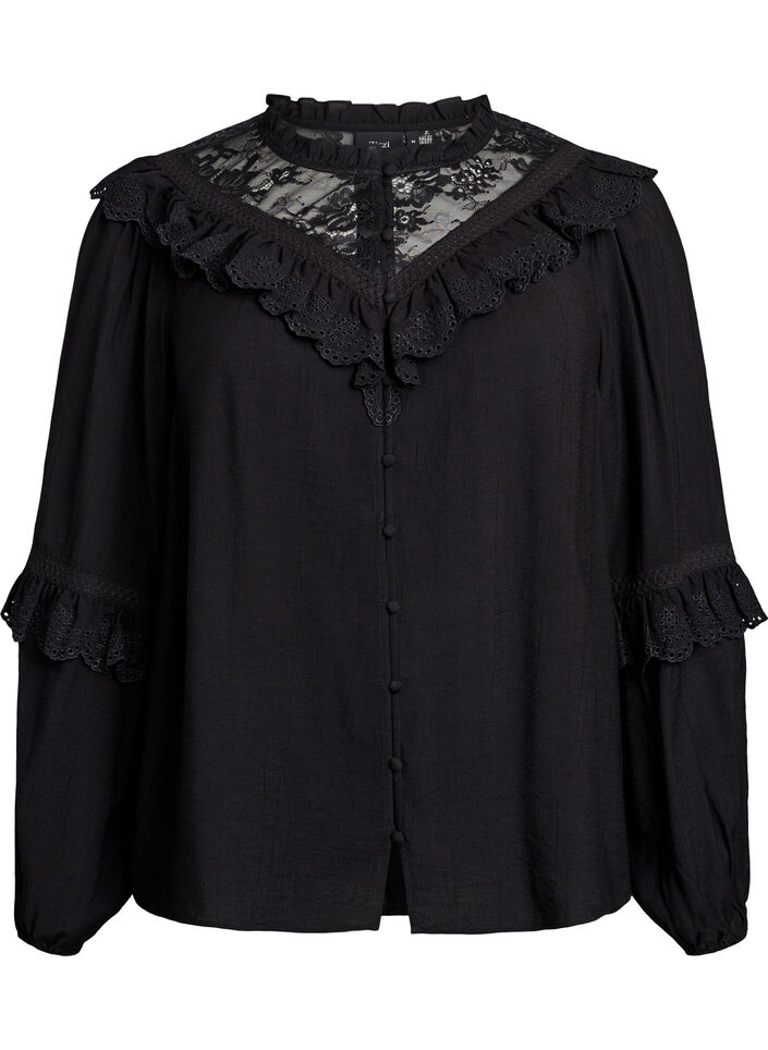 Blouse en viscose avec dentelle et volants, Noir, Packshot image number 0