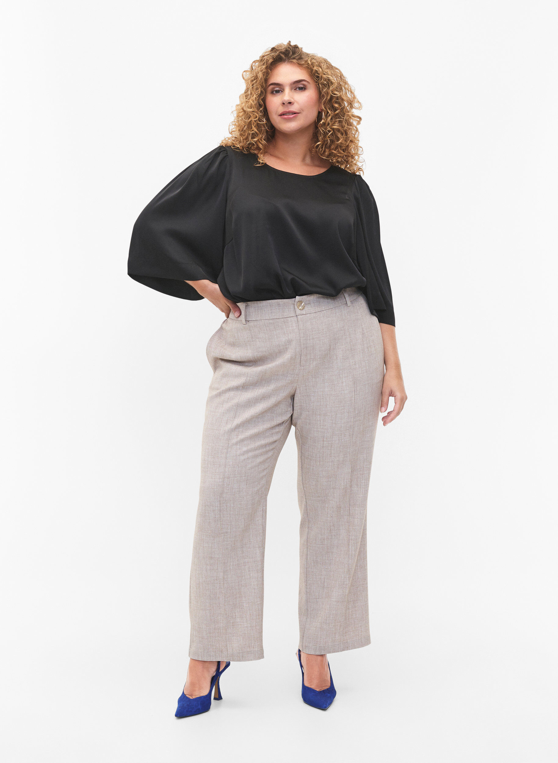 Zizzi Blouse en satin avec manches mi-longues, Black, Model image number 2