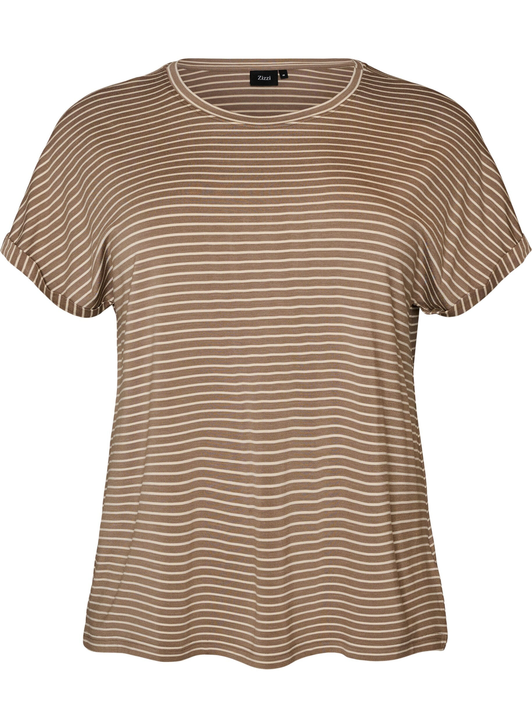 ZizziT-shirt ray&eacute; en viscose avec un col rond, Beige, Packshot image number 0