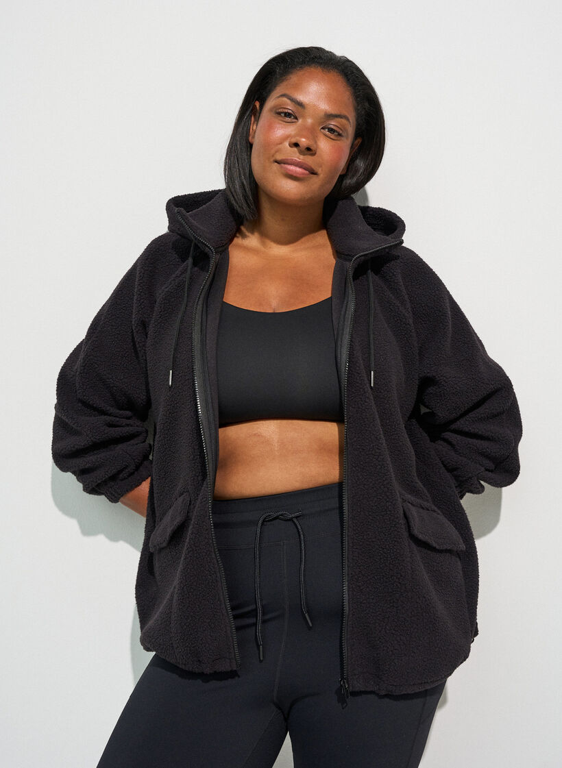 Veste teddy &agrave; capuche zipp&eacute;e, Noir, Model image number 0