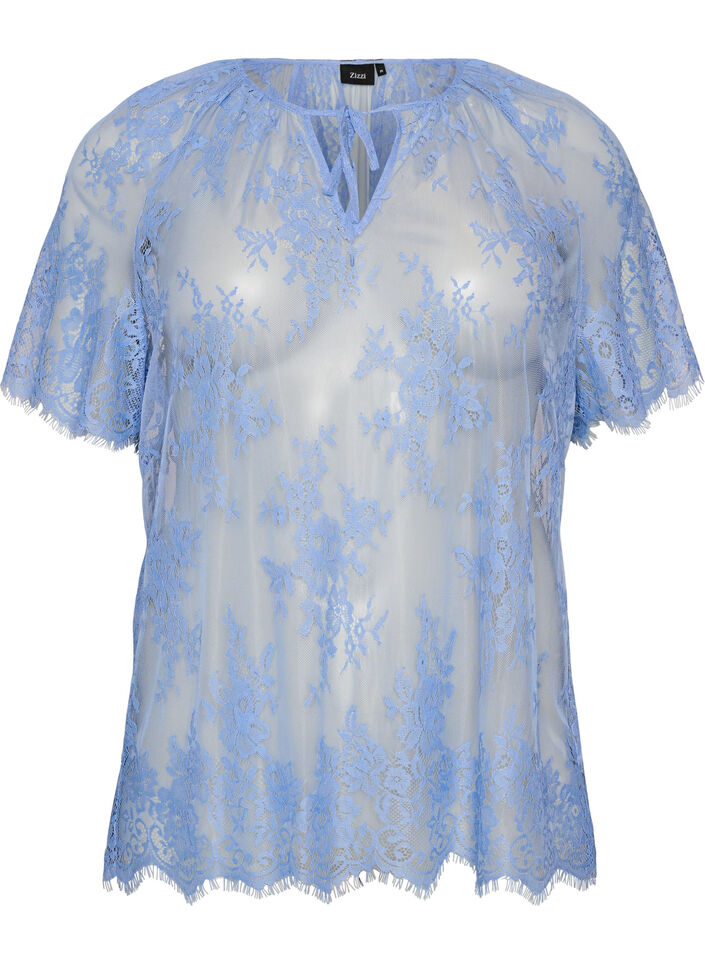 Blouse en dentelle &agrave; manches courtes avec lien &agrave; nouer, Mauve, Packshot image number 0