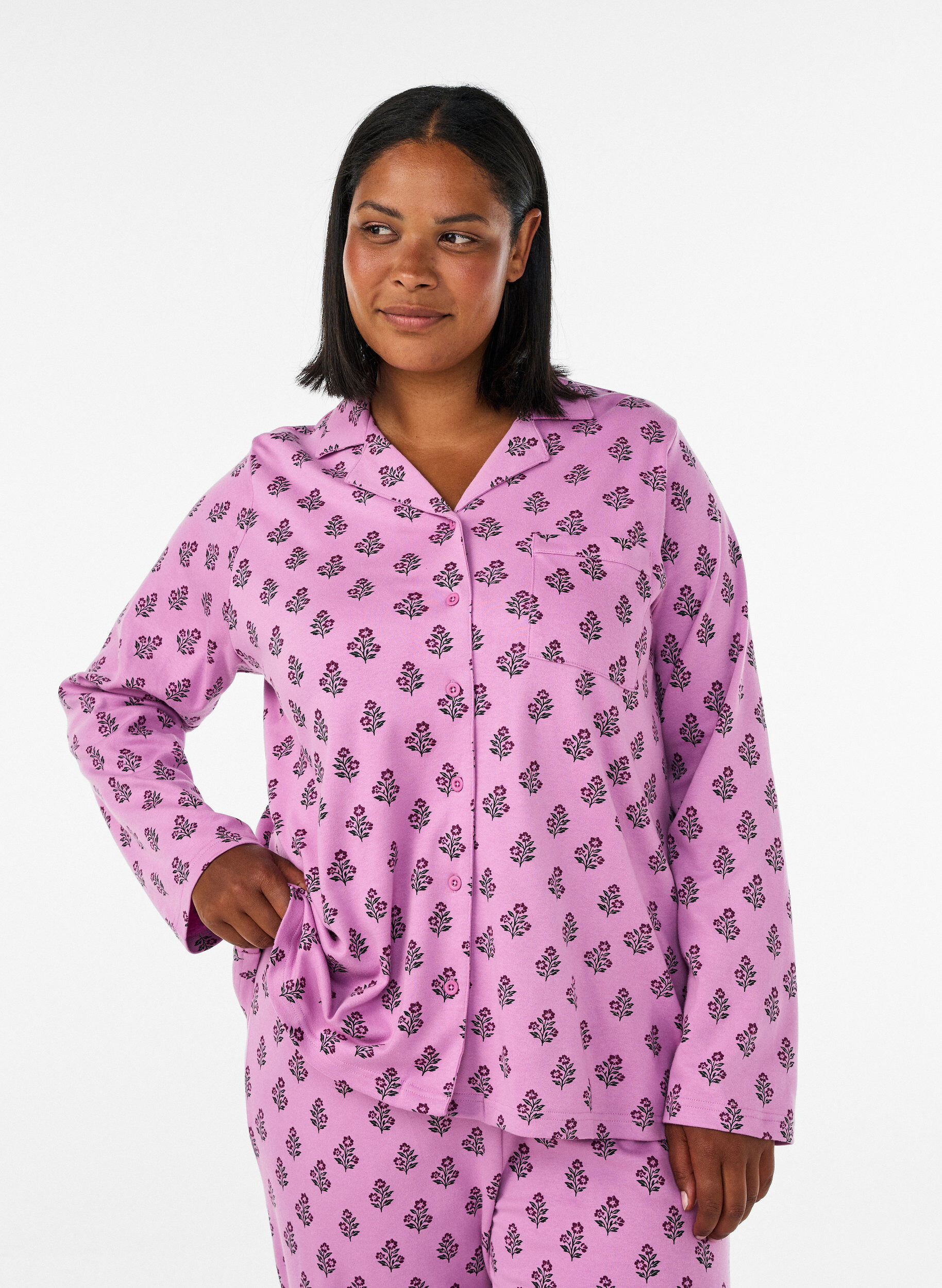 ZizziChemise de pyjama en coton avec poche poitrine, Rose, Model image number 0