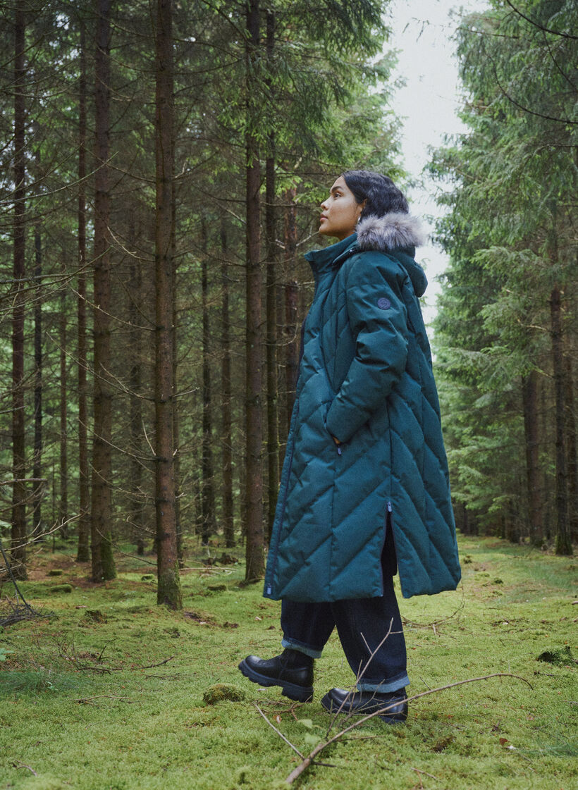 Long manteau d'hiver &agrave; fermeture &agrave; attaches et col en fausse fourrure, Vert fonc&eacute;, Image image number 0