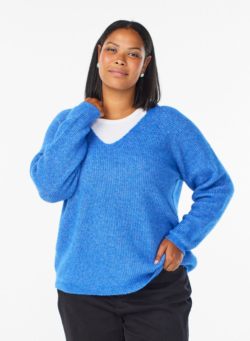 Blouse en maille &agrave; col V et manches raglan, Bleu, Model image number 0