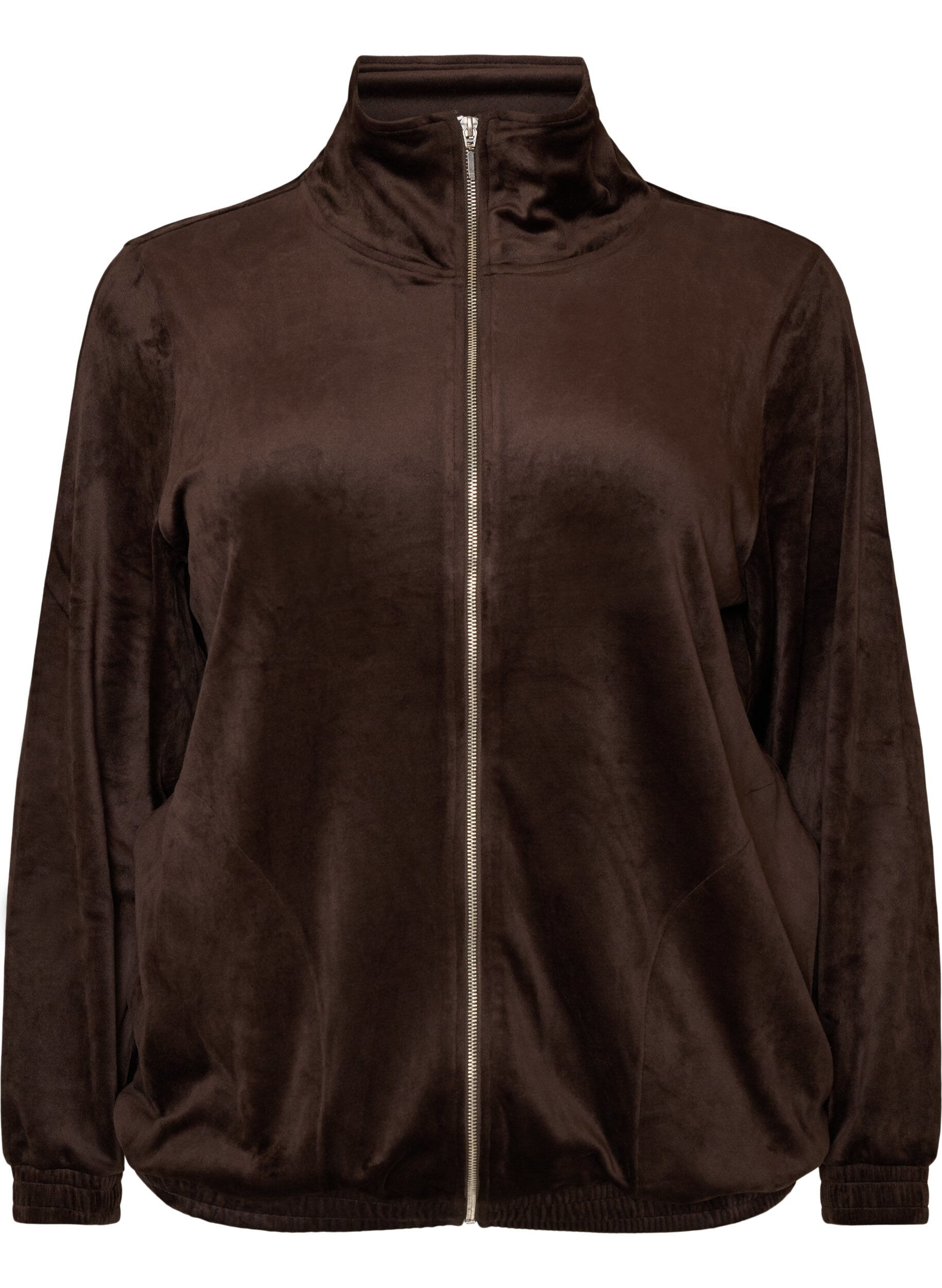 ZizziCardigan en velours doux avec fermeture zipp&eacute;e et col montant, Marron, Packshot image number 0