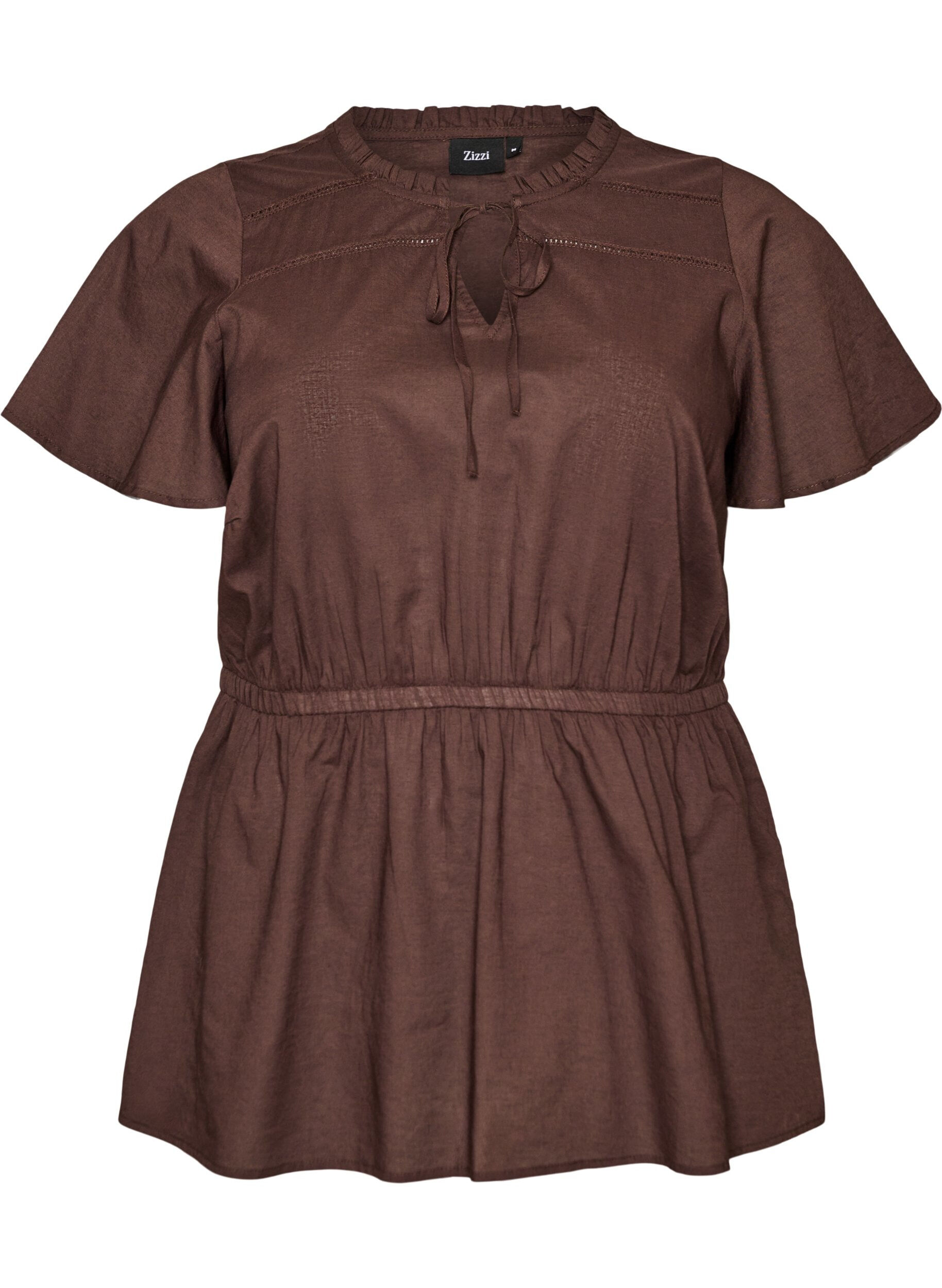 ZizziBlouse en coton avec lien &agrave; nouer et taille &eacute;lastiqu&eacute;e, Marron, Packshot image number 0