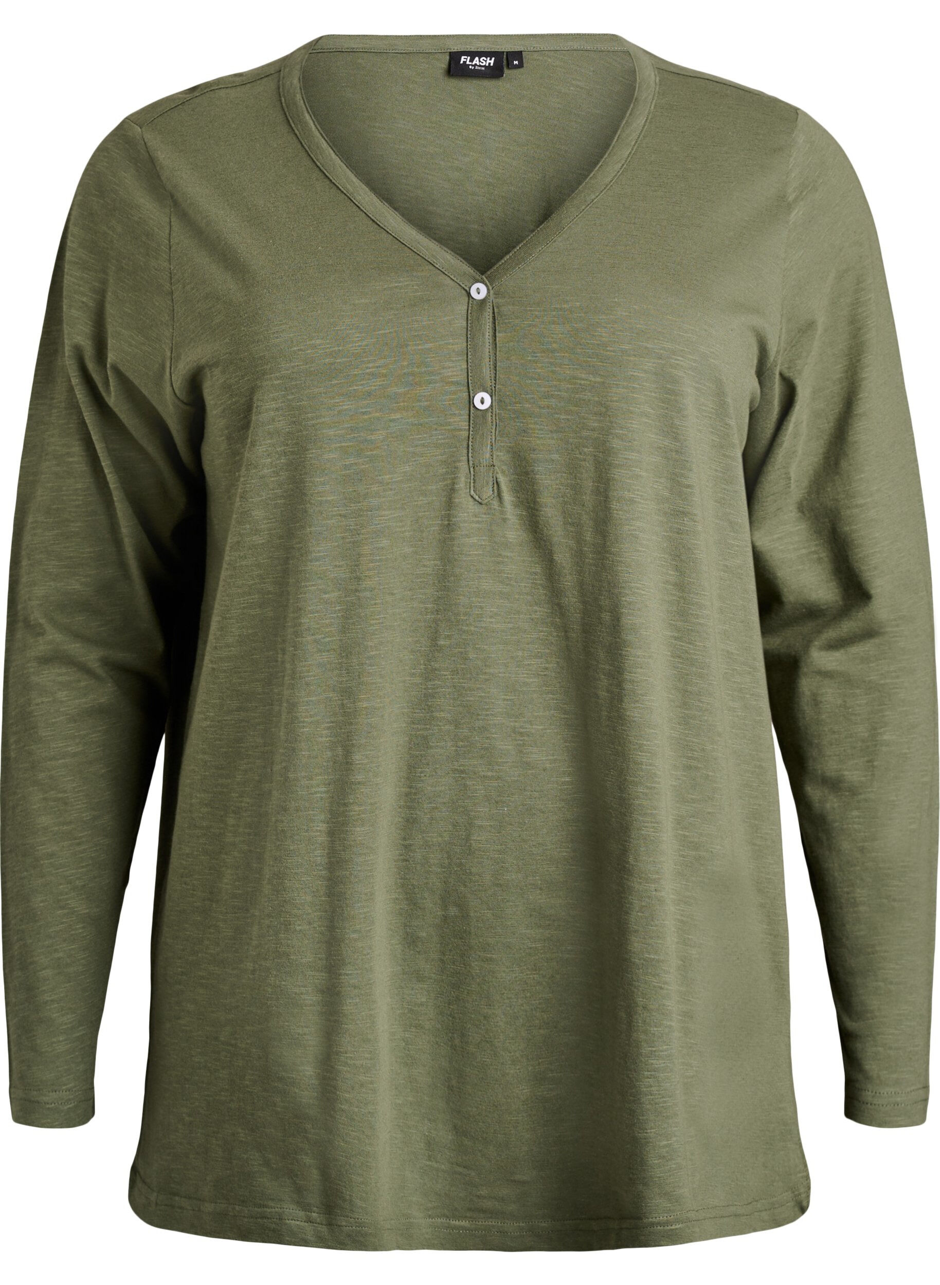 ZizziT-shirt &agrave; manches longues avec col V et boutons, Vert, Packshot image number 0