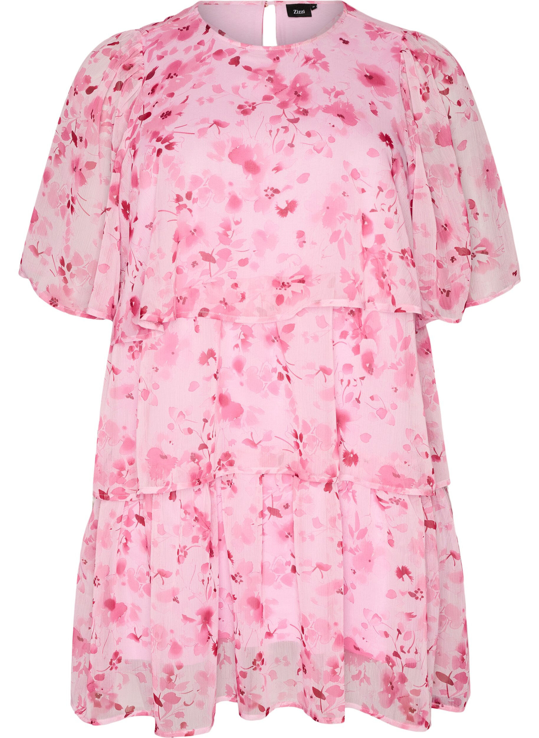 Zizzi Robe courte effet mousseline &agrave; imprim&eacute; floral et volants &eacute;tag&eacute;s, Rose, Packshot image number 0