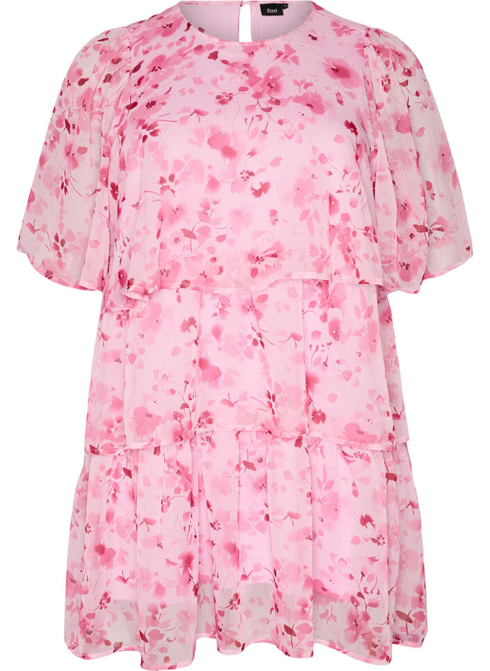 Robe courte effet mousseline &agrave; imprim&eacute; floral et volants &eacute;tag&eacute;s, Rose, Packshot image number 0