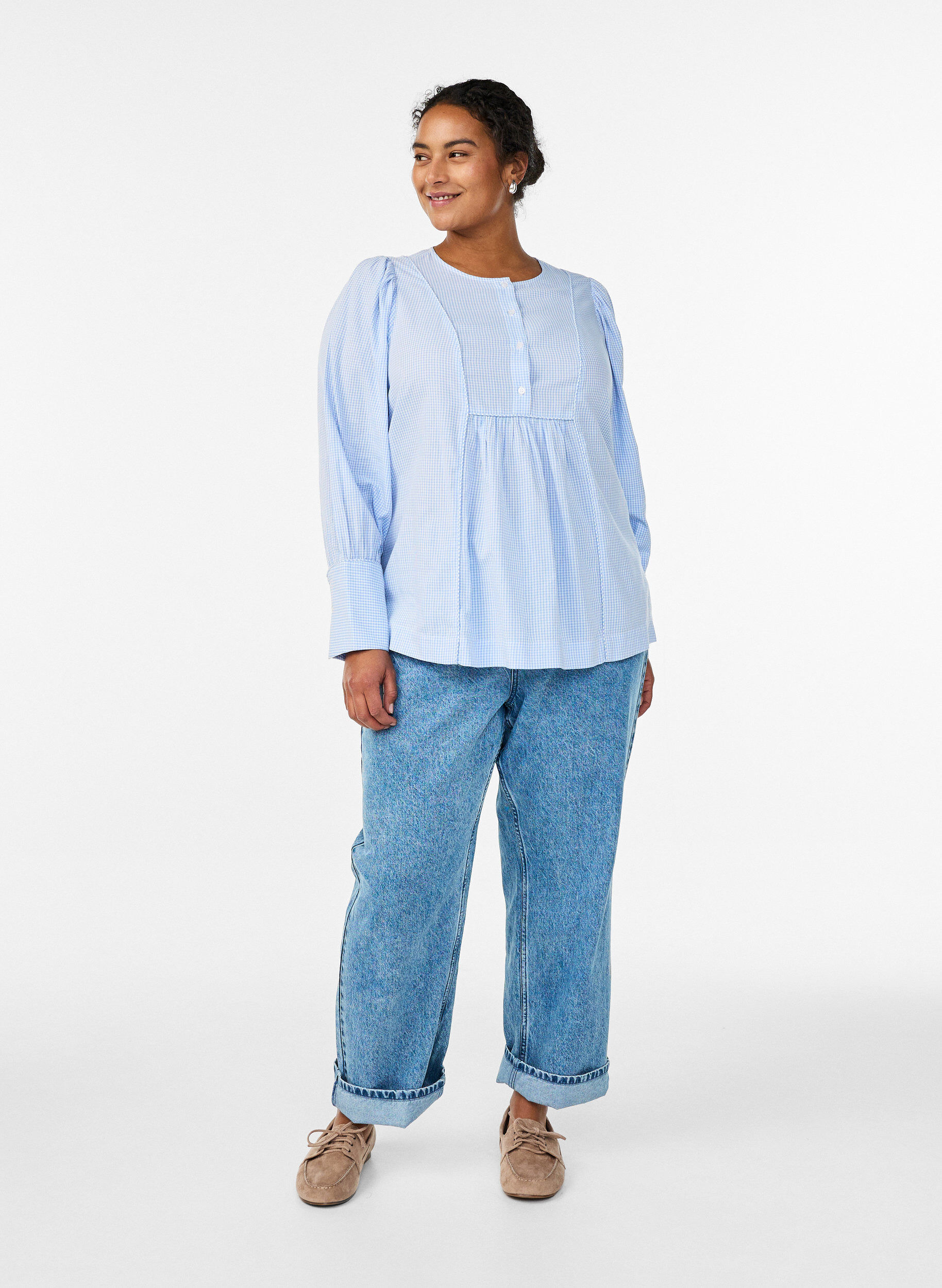 Zizzi Blouse coupe &eacute;vas&eacute;e &agrave; carreaux, Bleu, Model image number 1