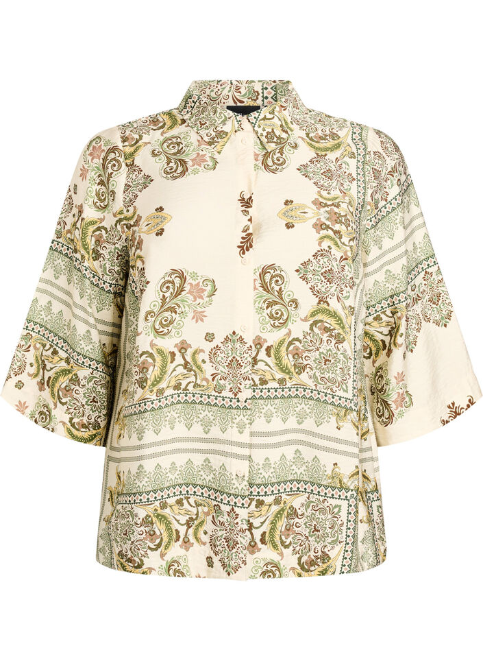 Blouse imprim&eacute;e en viscose avec manches 3/4, Vert, Packshot image number 0