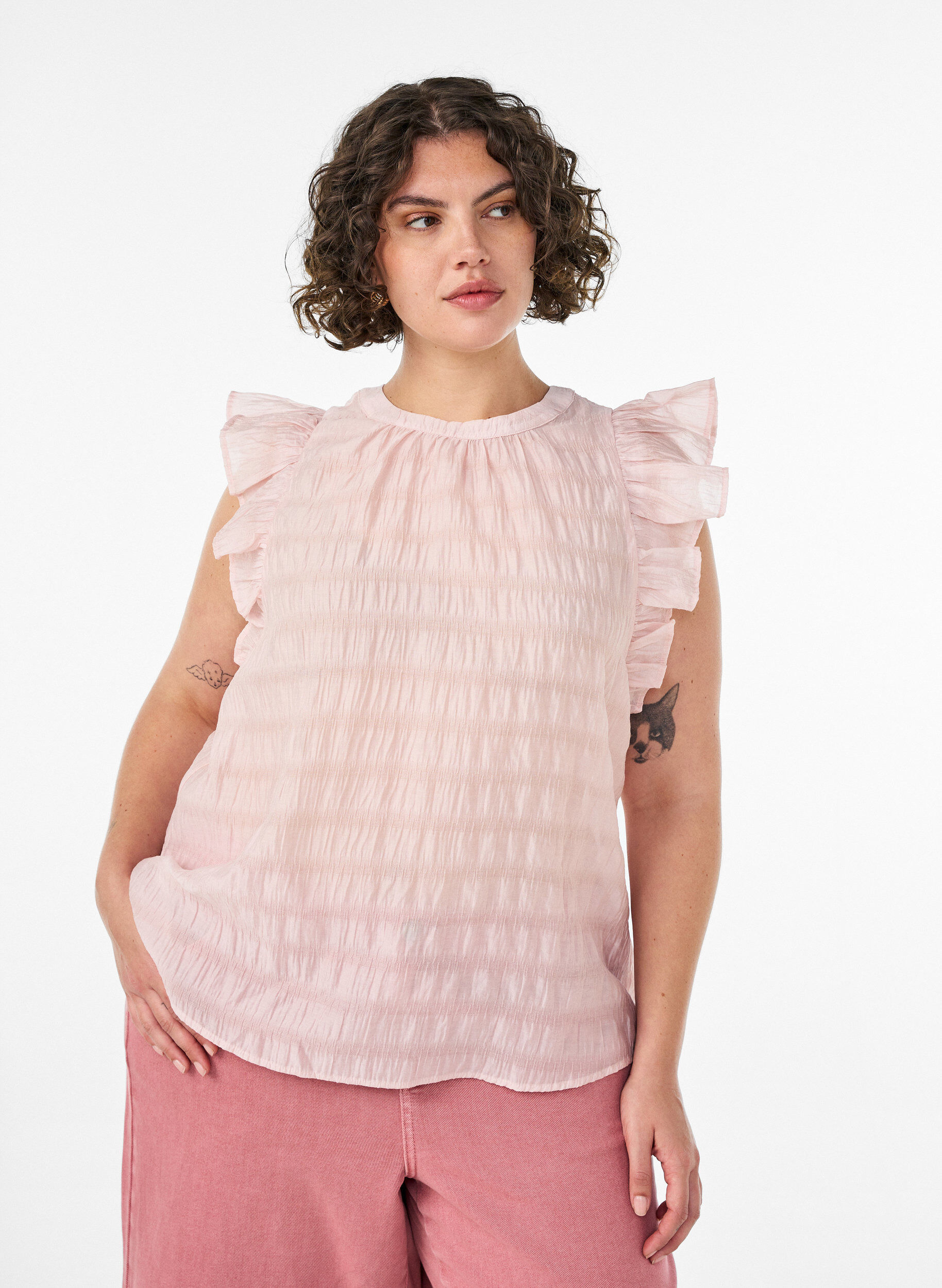 ZizziBlouse sans manches textur&eacute;e avec volants, Rose, Model image number 0