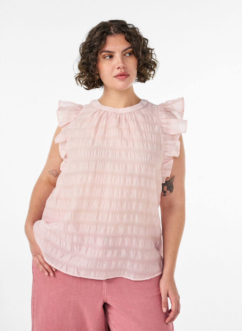 Blouse sans manches textur&eacute;e avec volants, Rose, Model image number 0