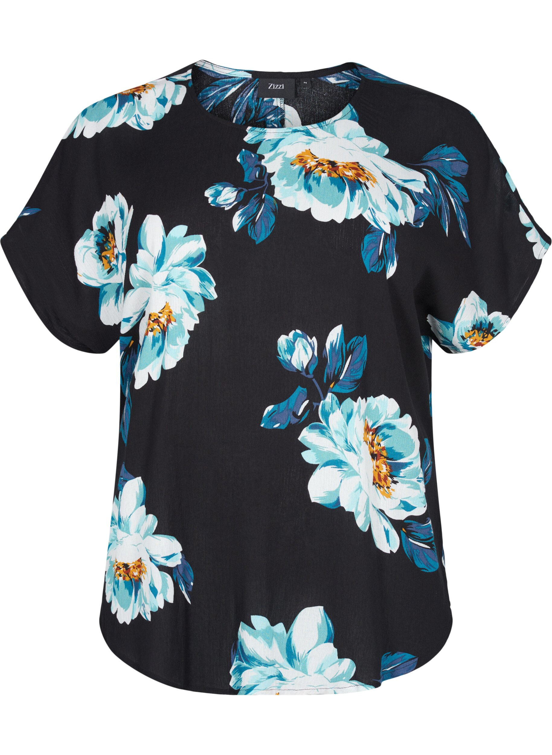 Zizzi Blouse en viscose &agrave; manches courtes avec imprim&eacute; floral, Black Big Flower, Packshot image number 0