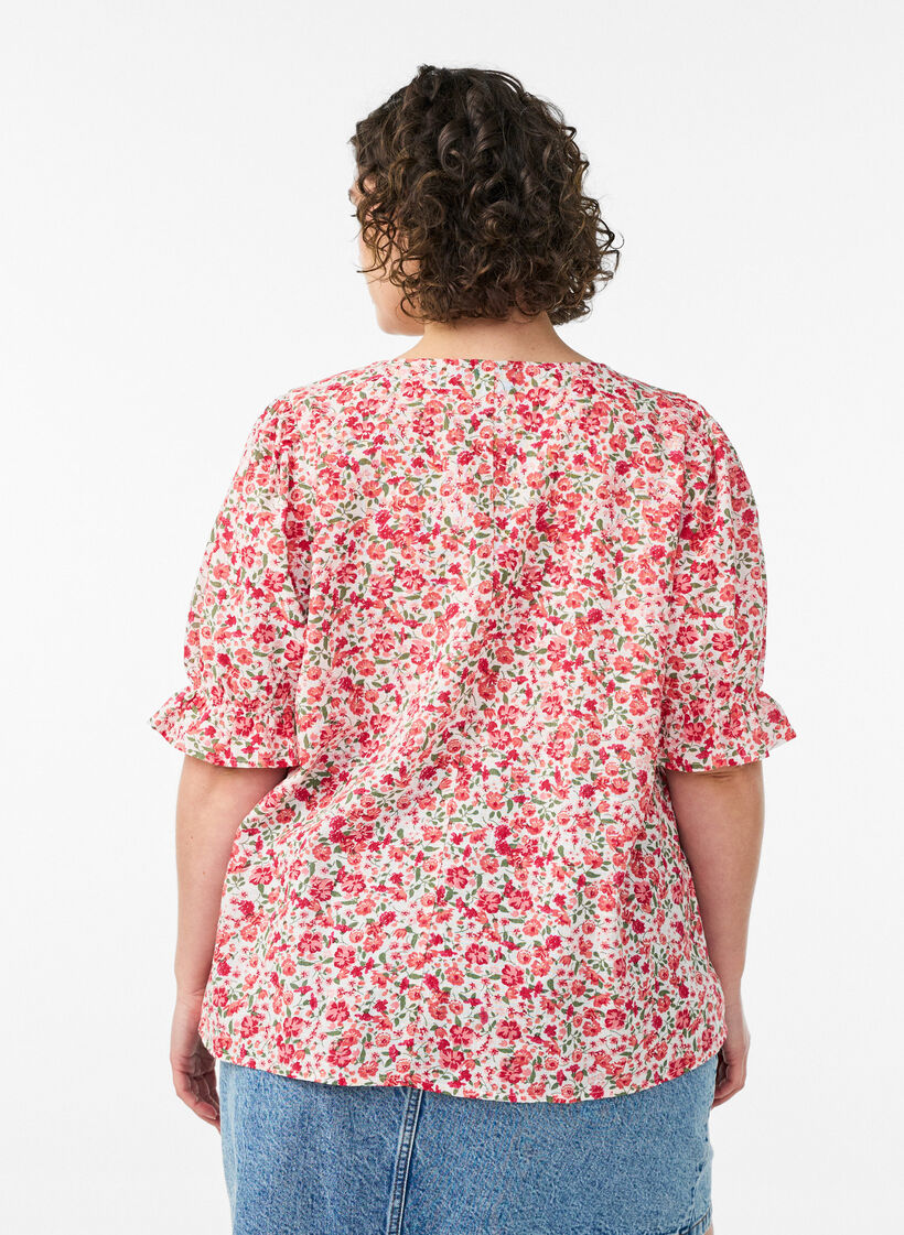 Blouse en coton avec encolure carr&eacute;e, Rouge, Model image number 2