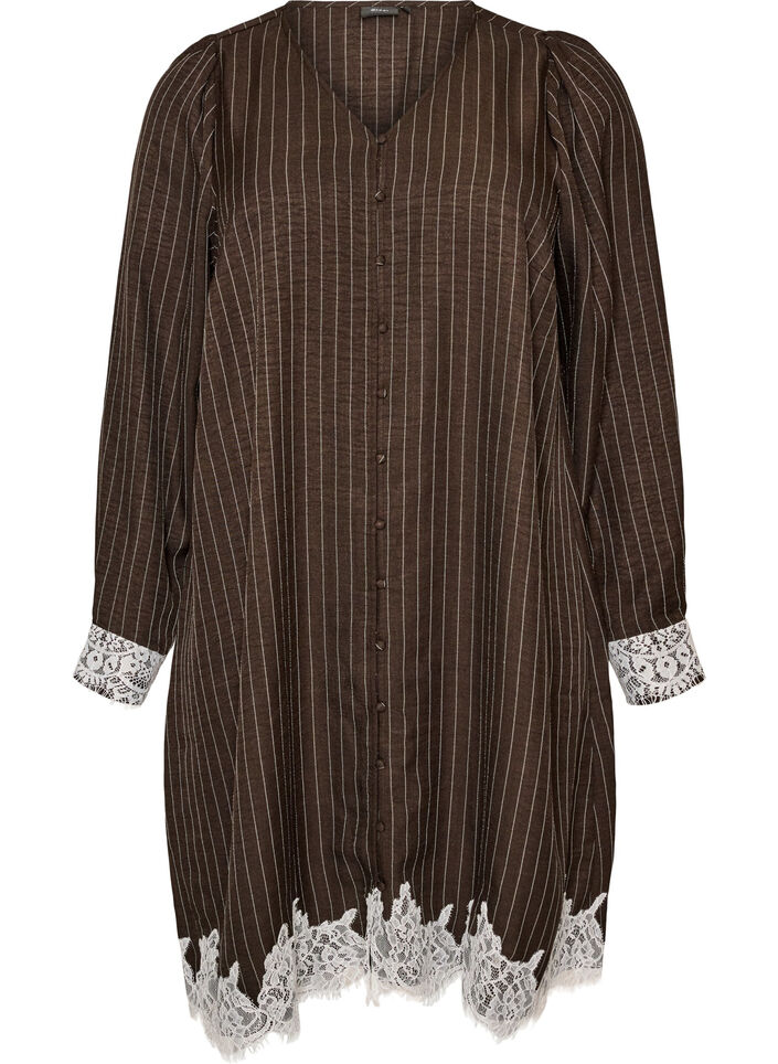 Robe mi-longue avec de fines rayures et des finitions en dentelle, Marron, Packshot image number 0