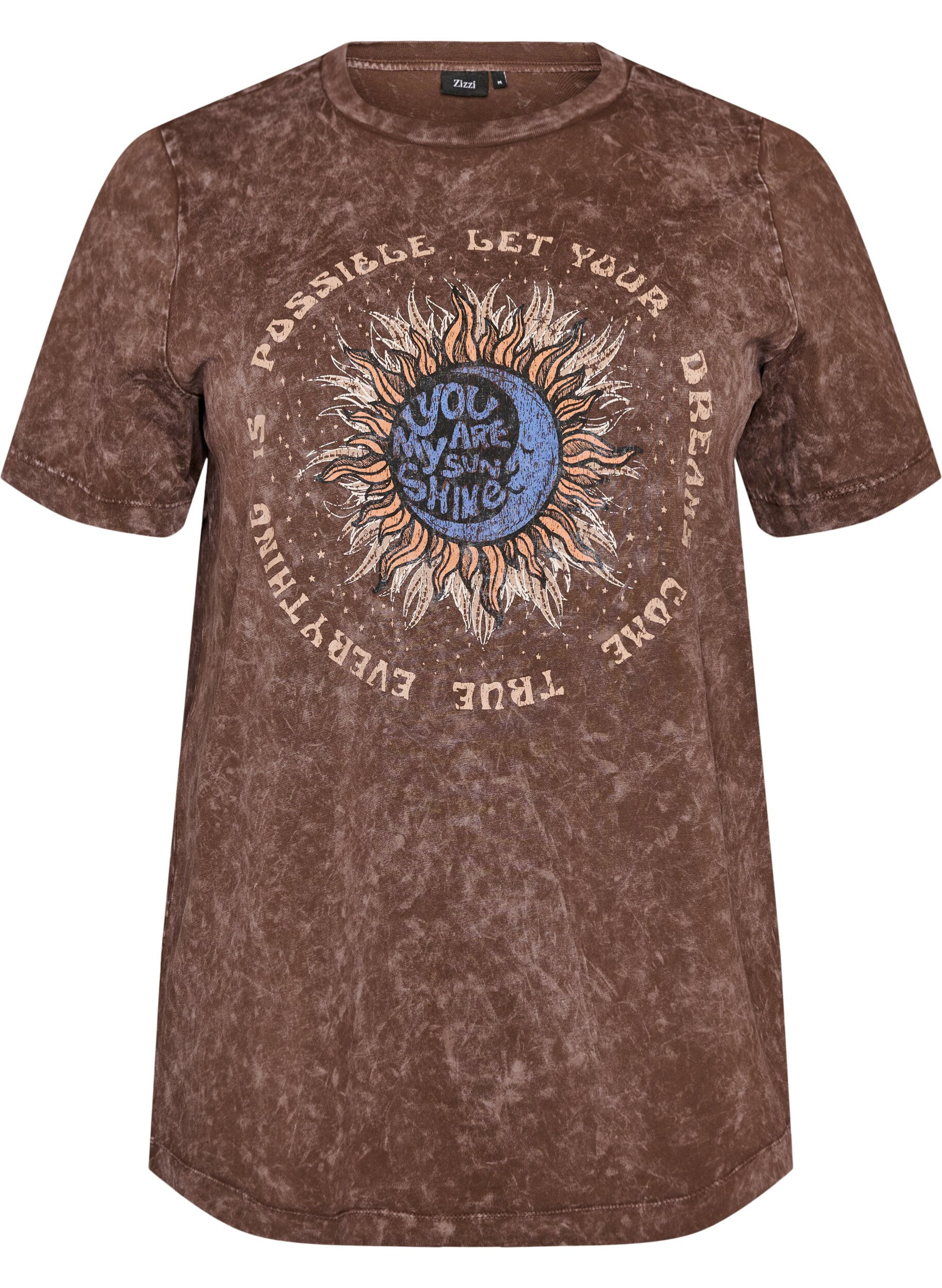 Zizzi T-shirt en coton avec imprim&eacute; devant, Marron, Packshot image number 0