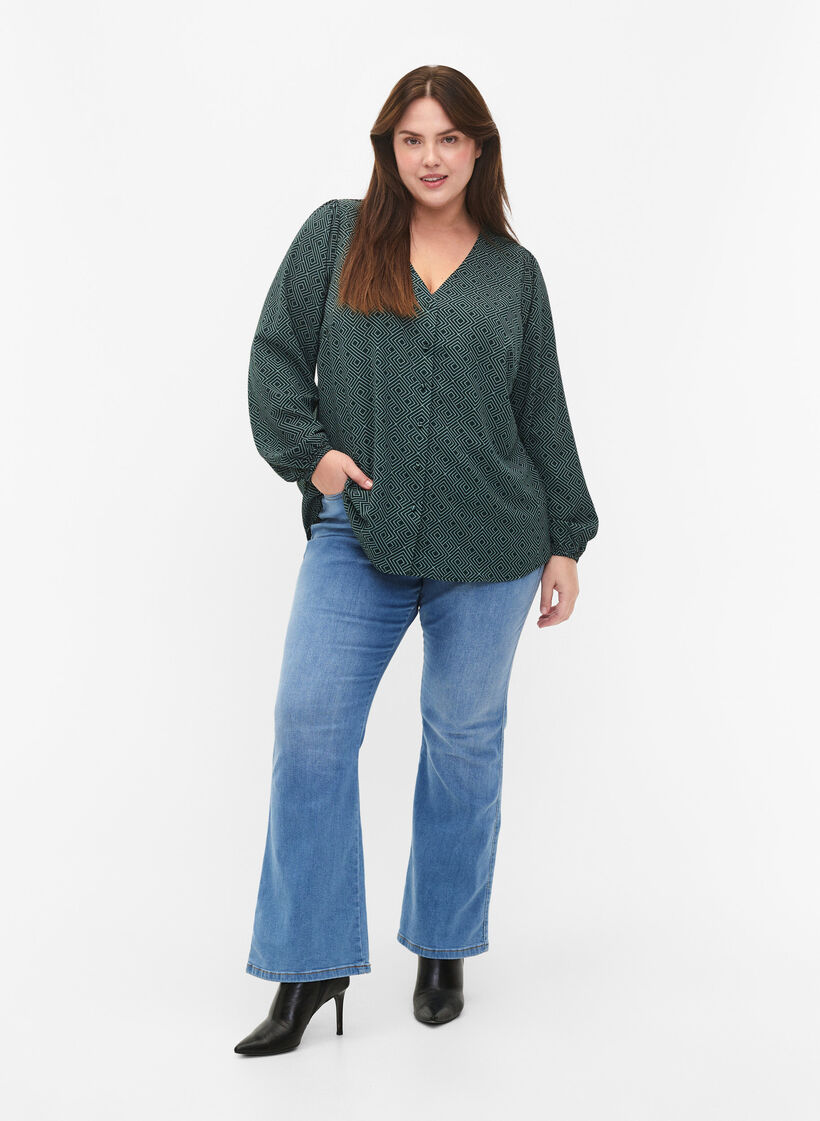 Blouse avec col en V et imprimé, Scarab Graphic AOP, Model image number 2