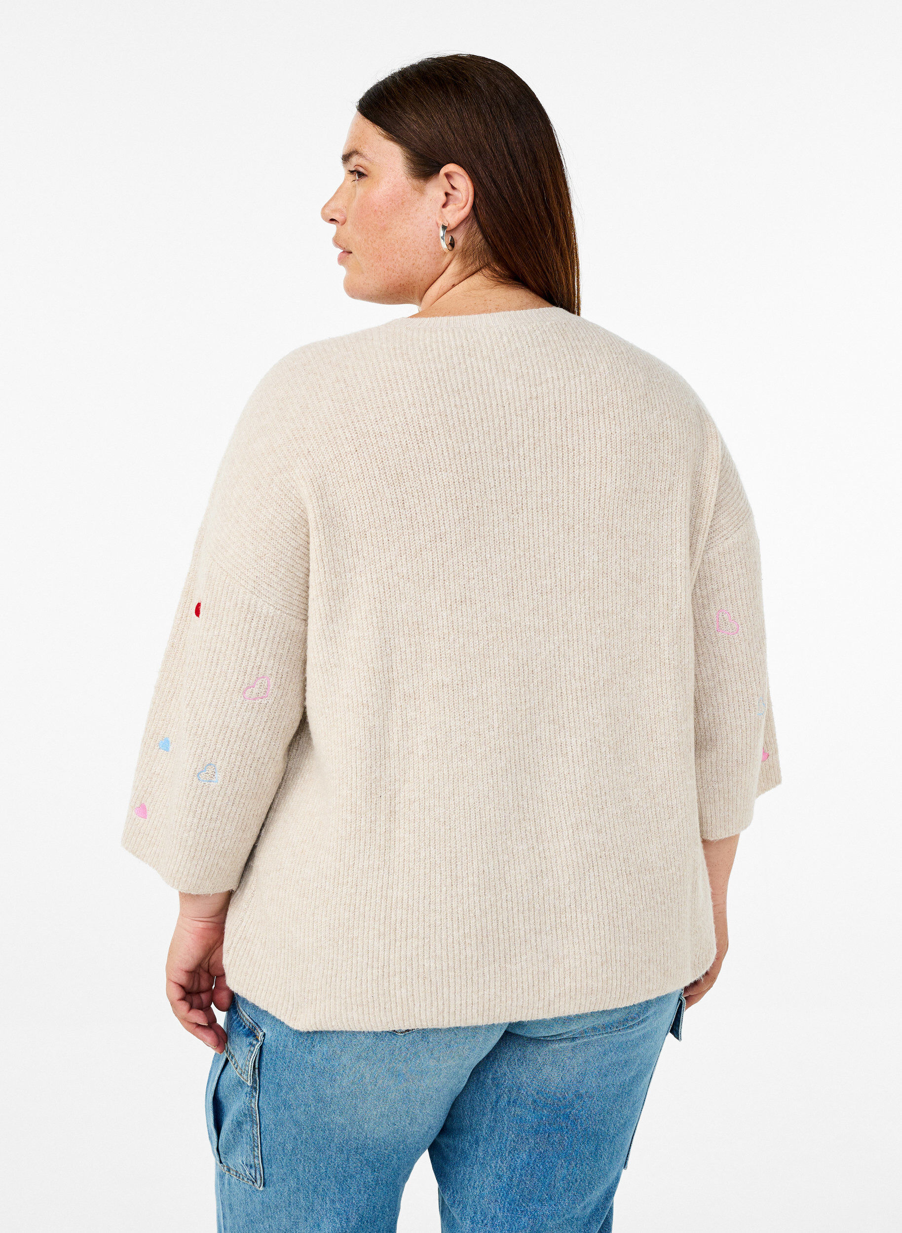 Zizzi Pull &agrave; c&oelig;urs et manches 3/4, Beige, Model image number 2