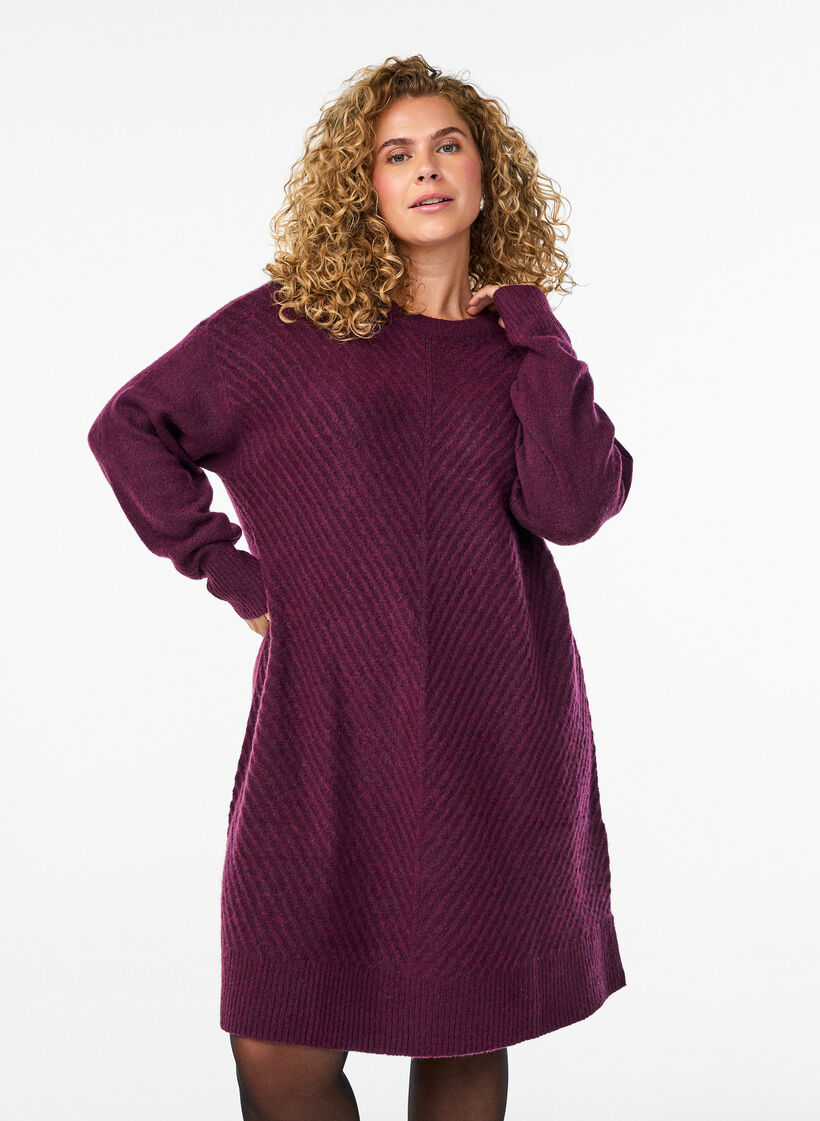 Robe courte en maille avec un motif texturé en V, Violet, Model image number 0