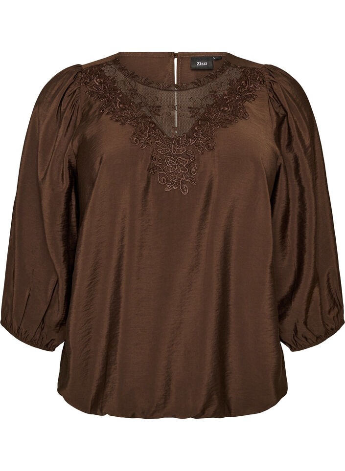 Blouse avec manches 3/4 et d&eacute;tails en dentelle, Marron, Packshot image number 0