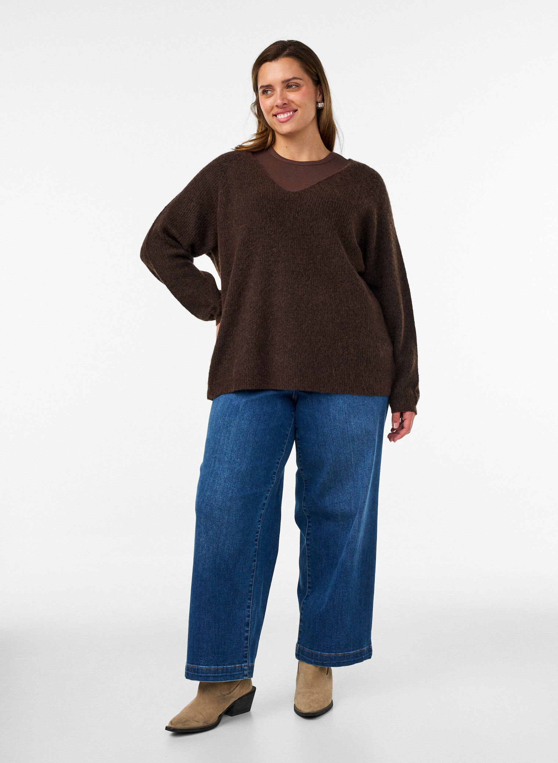 ZizziBlouse en maille avec col en V et manches raglan, Marron, Model image number 1