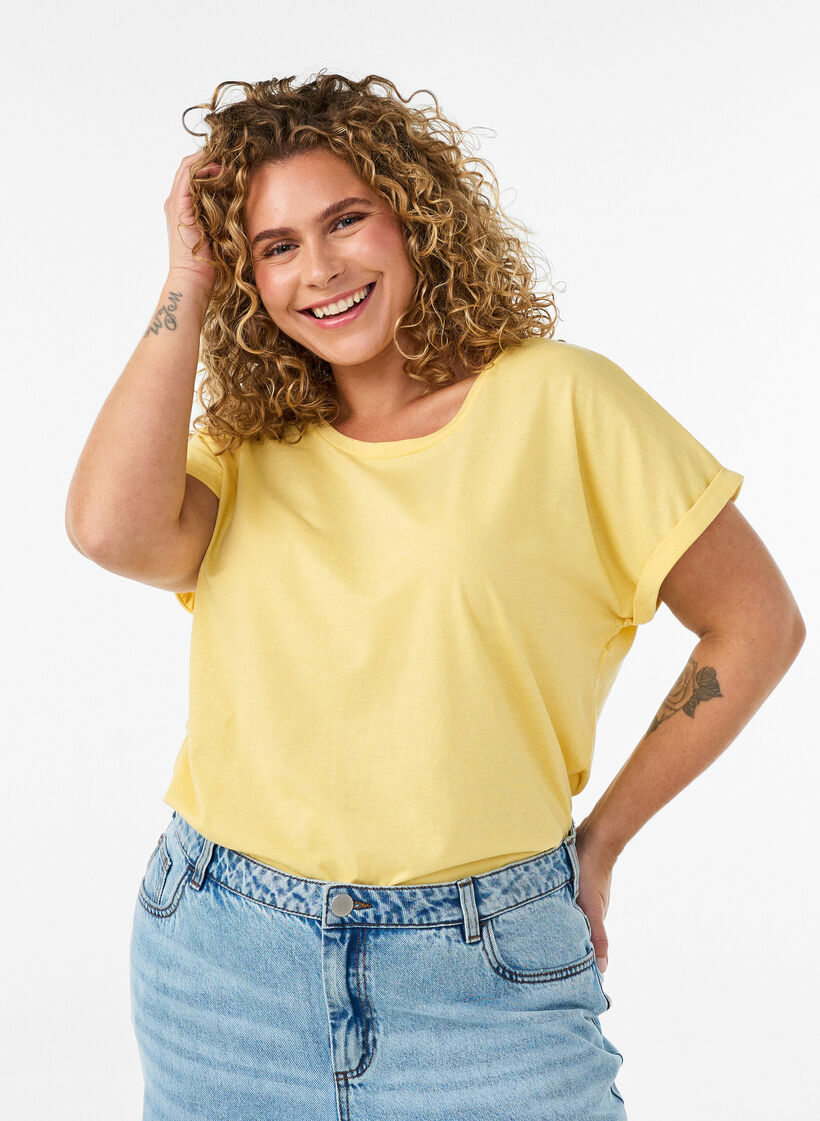 T-shirt &agrave; manches courtes en coton m&eacute;lang&eacute;, Jaune clair, Model image number 0