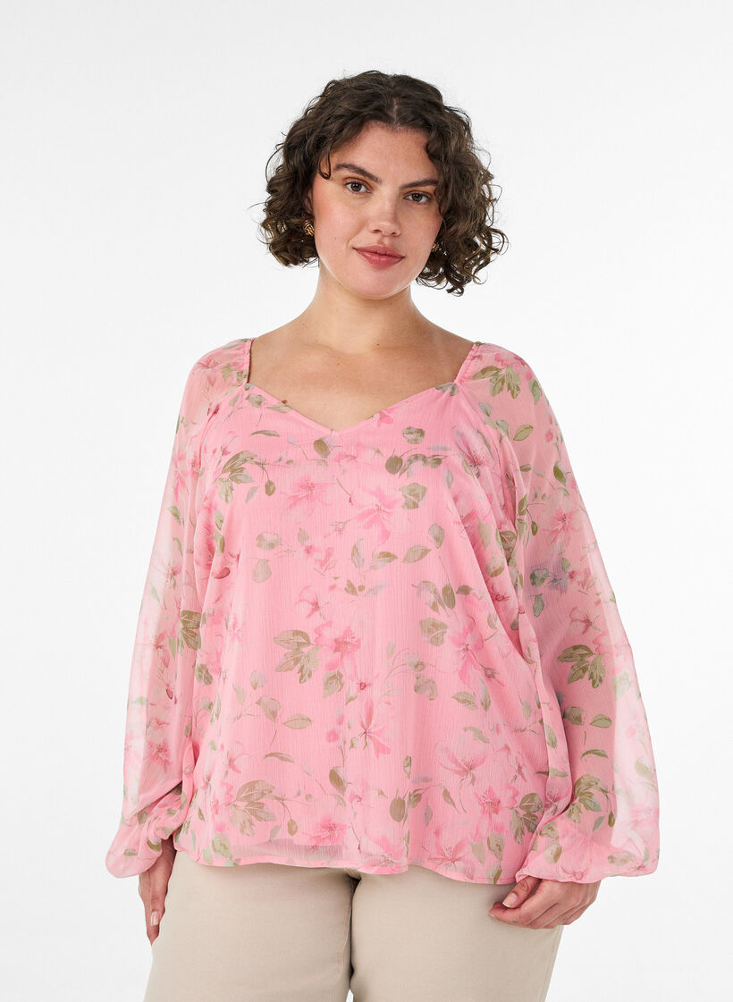 Chemisier en mousseline avec imprim&eacute; floral et manches longues, Rose, Model image number 0