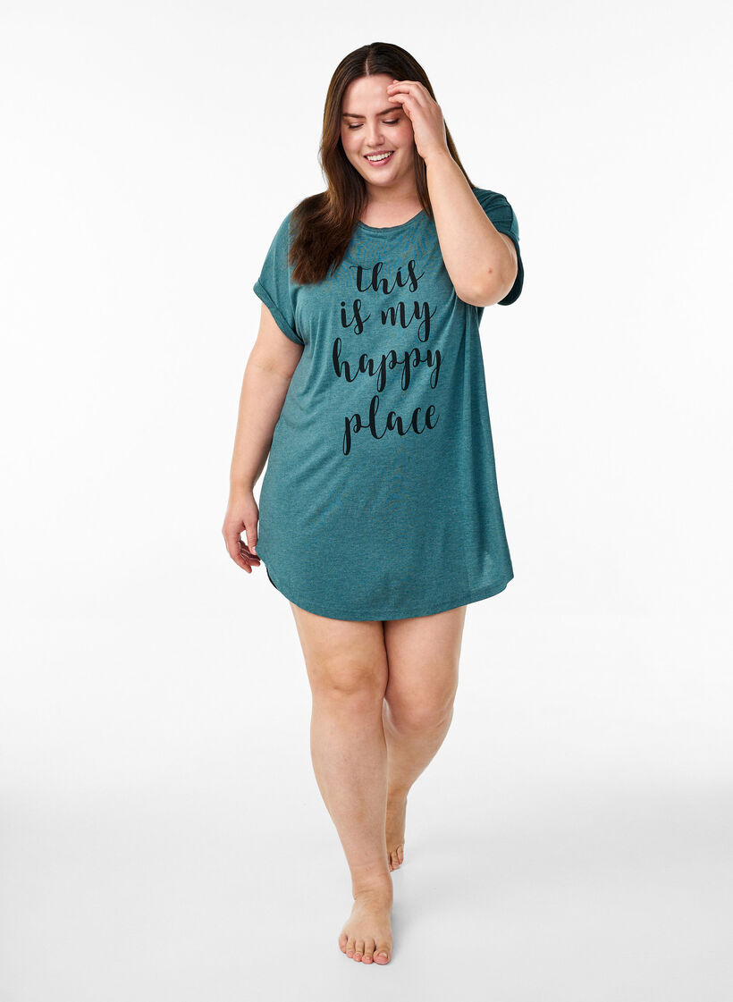 Chemise de nuit &agrave; manches courtes avec imprim&eacute; de texte, Vert fonc&eacute;, Model image number 1
