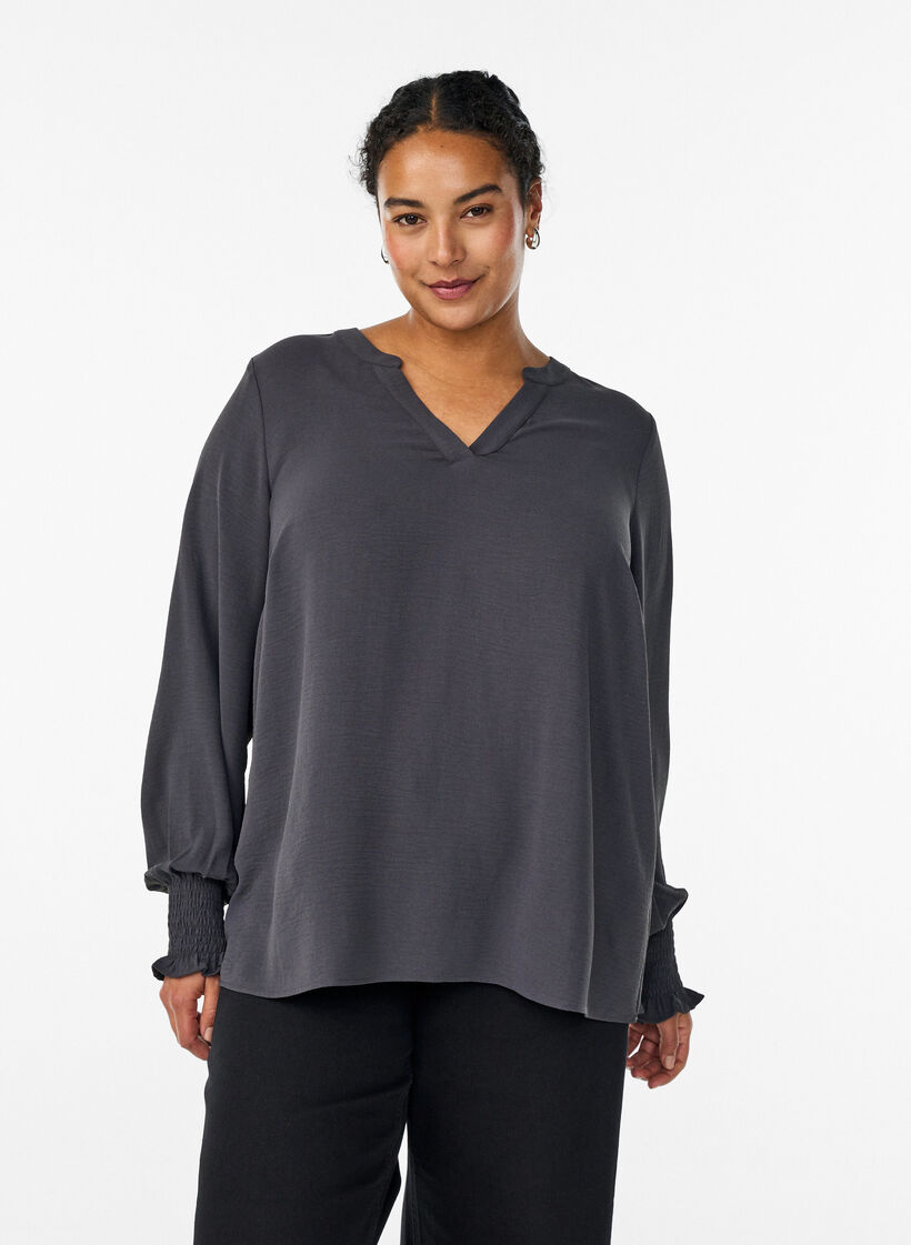Blouse avec poignets smock&eacute;s et col en V, Gris anthracite, Model image number 0