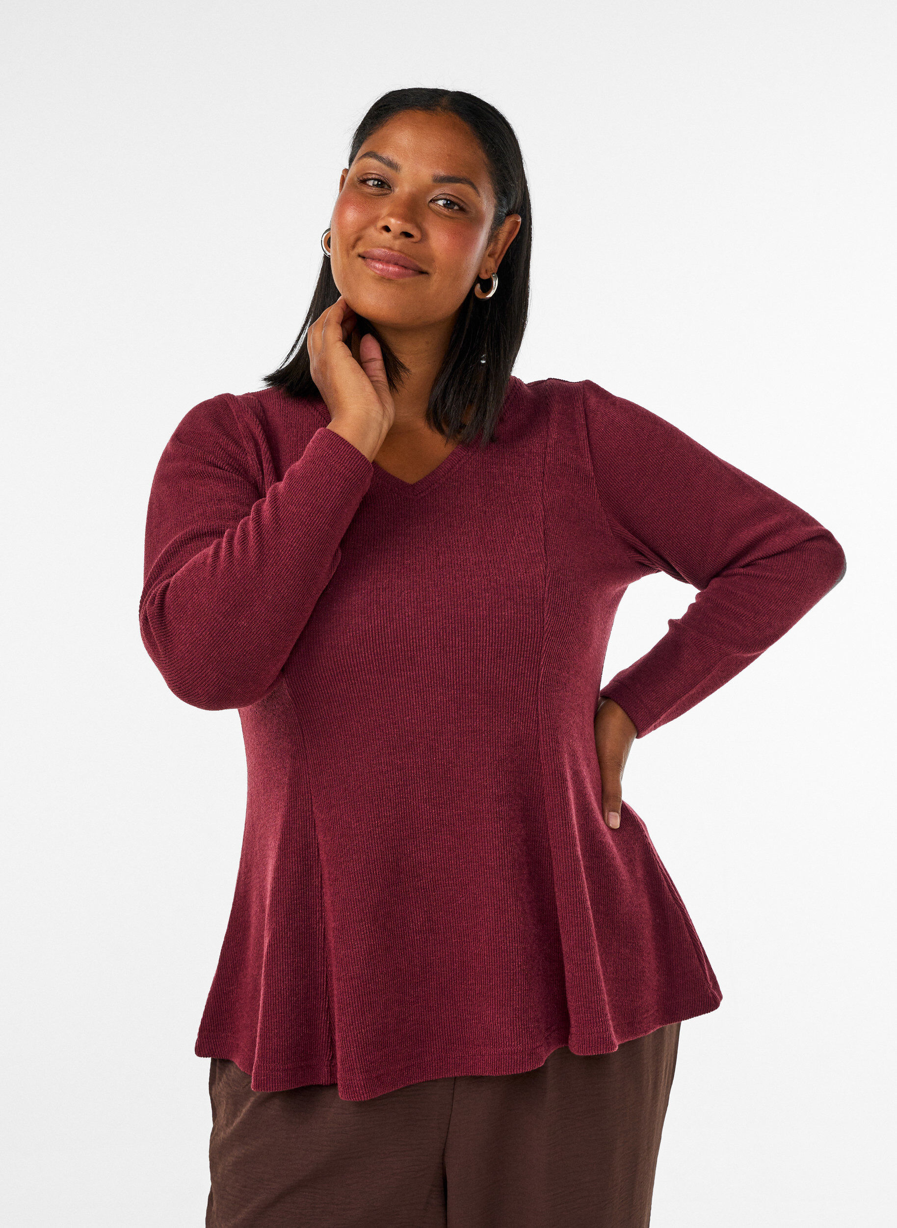 ZizziBlouse en jersey c&ocirc;tel&eacute; &agrave; coupe &eacute;vas&eacute;e, Bordeaux, Model image number 0