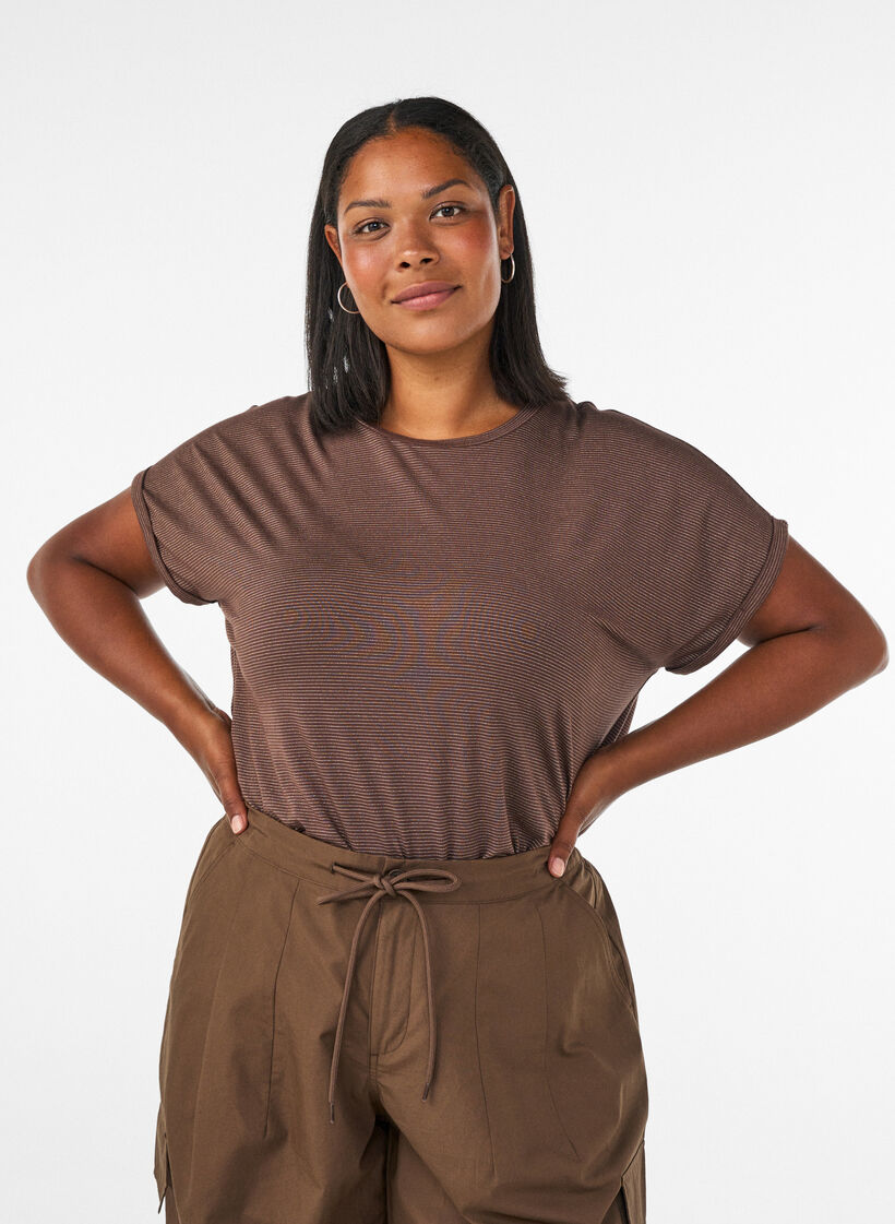 T-shirt en viscose &agrave; rayures paillet&eacute;es, Marron, Model image number 0