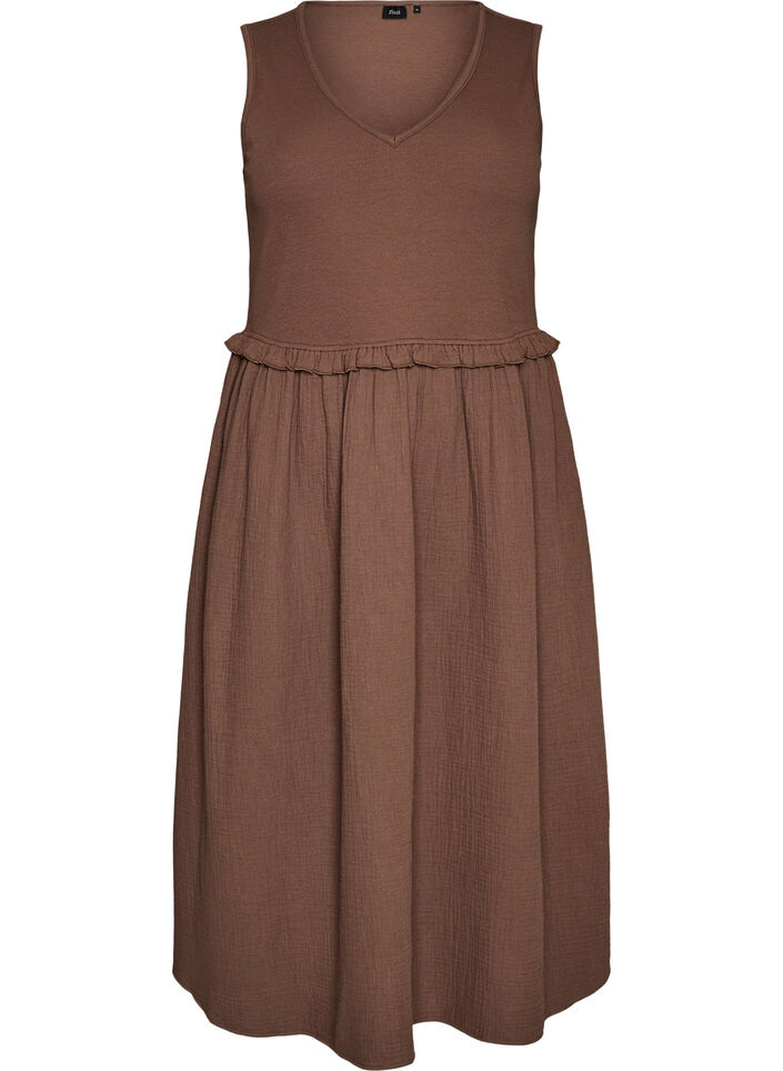 Robe midi sans manches en coton avec maille c&ocirc;tel&eacute;e et mousseline, Marron, Packshot image number 0