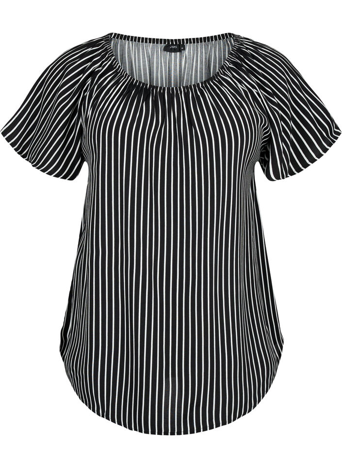 Chemisier rayé à manches courtes en viscose, Black/ White Stripe, Packshot image number 0