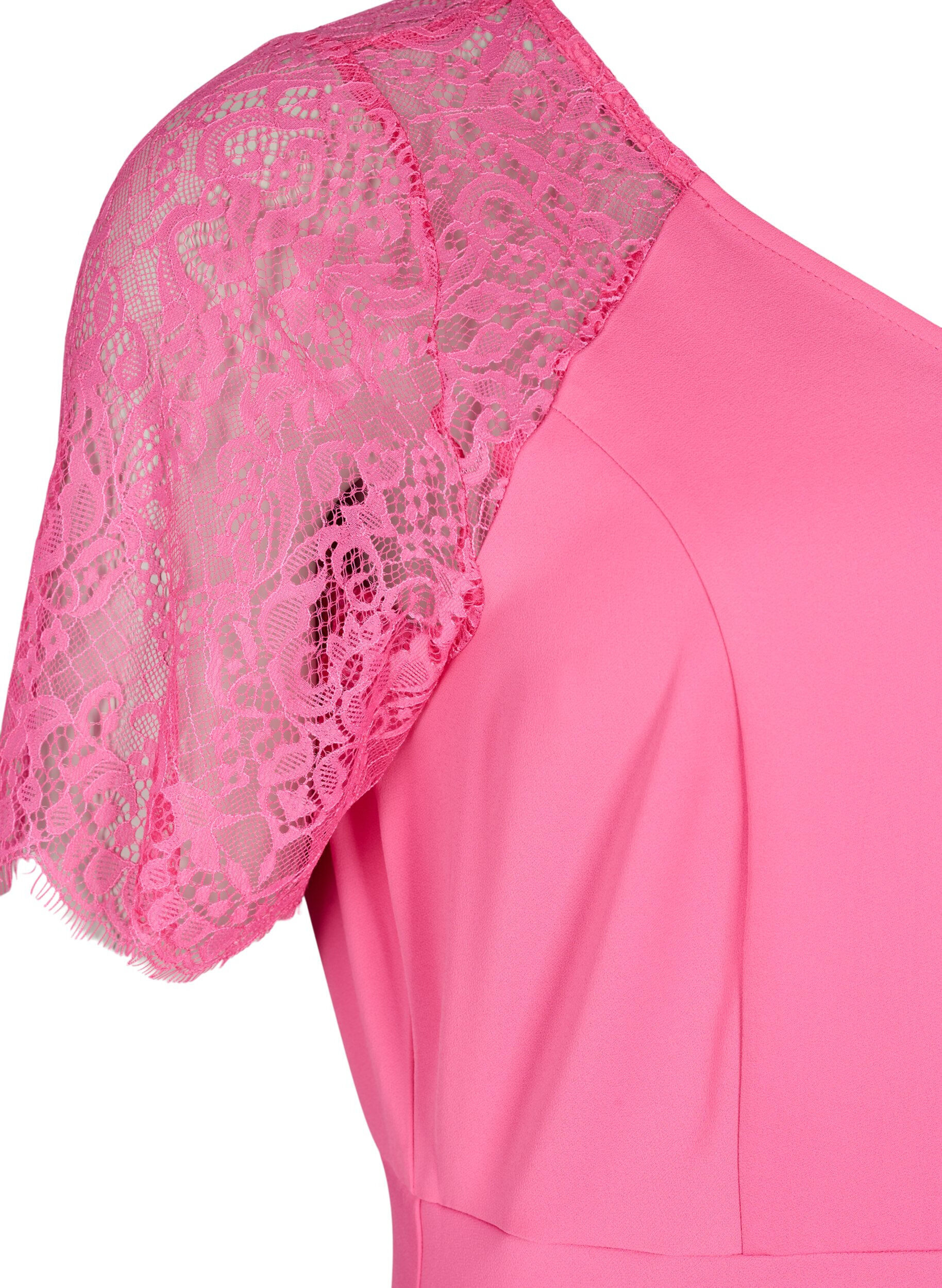 Zizzi Robe midi &agrave; manches courtes en dentelle, Shocking Pink, Packshot image number 3