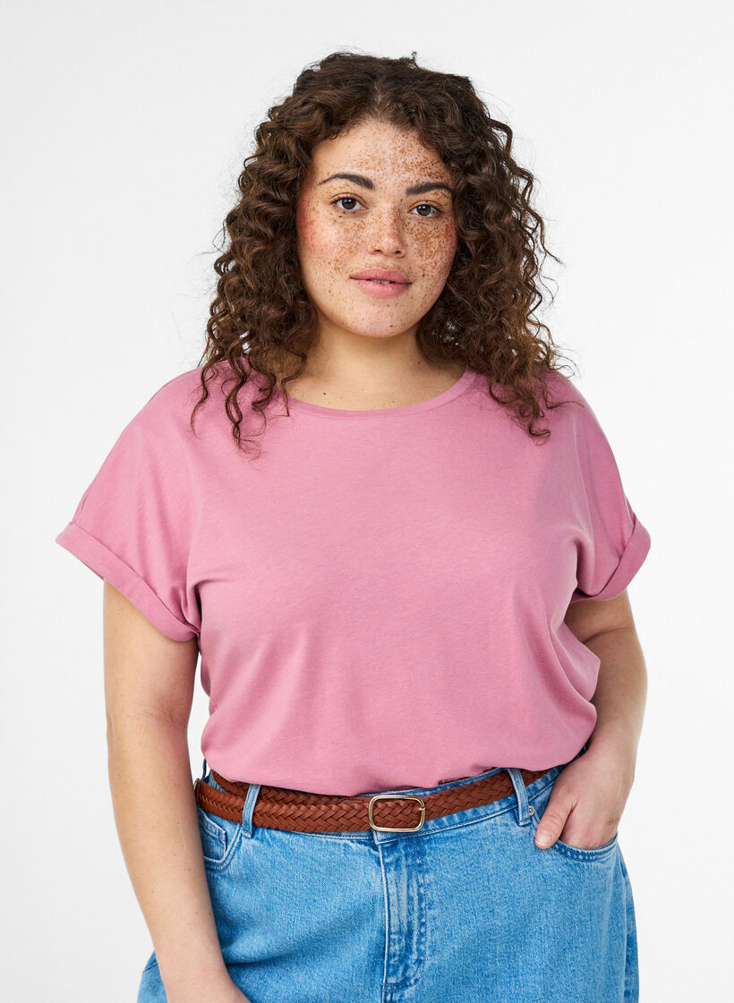 T-shirt &agrave; manches courtes en coton m&eacute;lang&eacute;, Rose, Model image number 0
