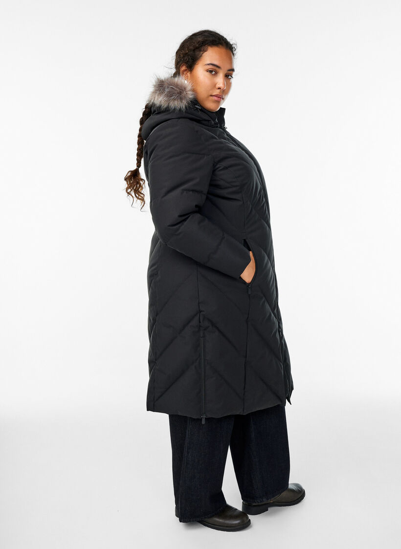 Long manteau d'hiver &agrave; fermeture &agrave; attaches et col en fausse fourrure, Noir, Model image number 1