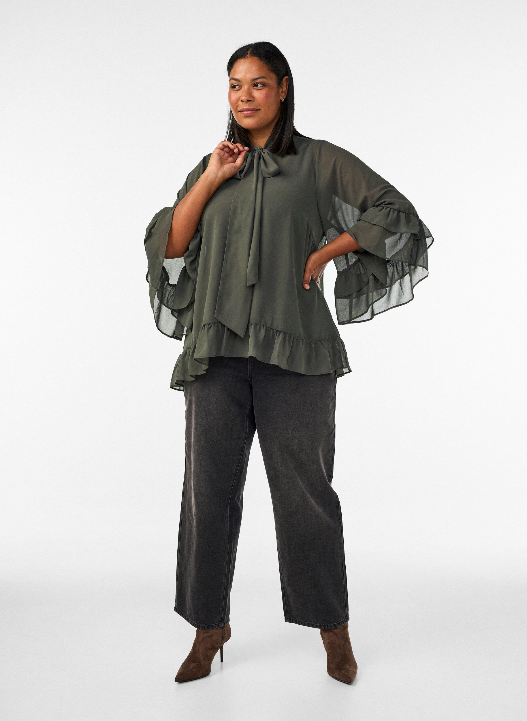 ZizziBlouse avec ruban &agrave; nouer et volants, Gris anthracite, Model image number 1