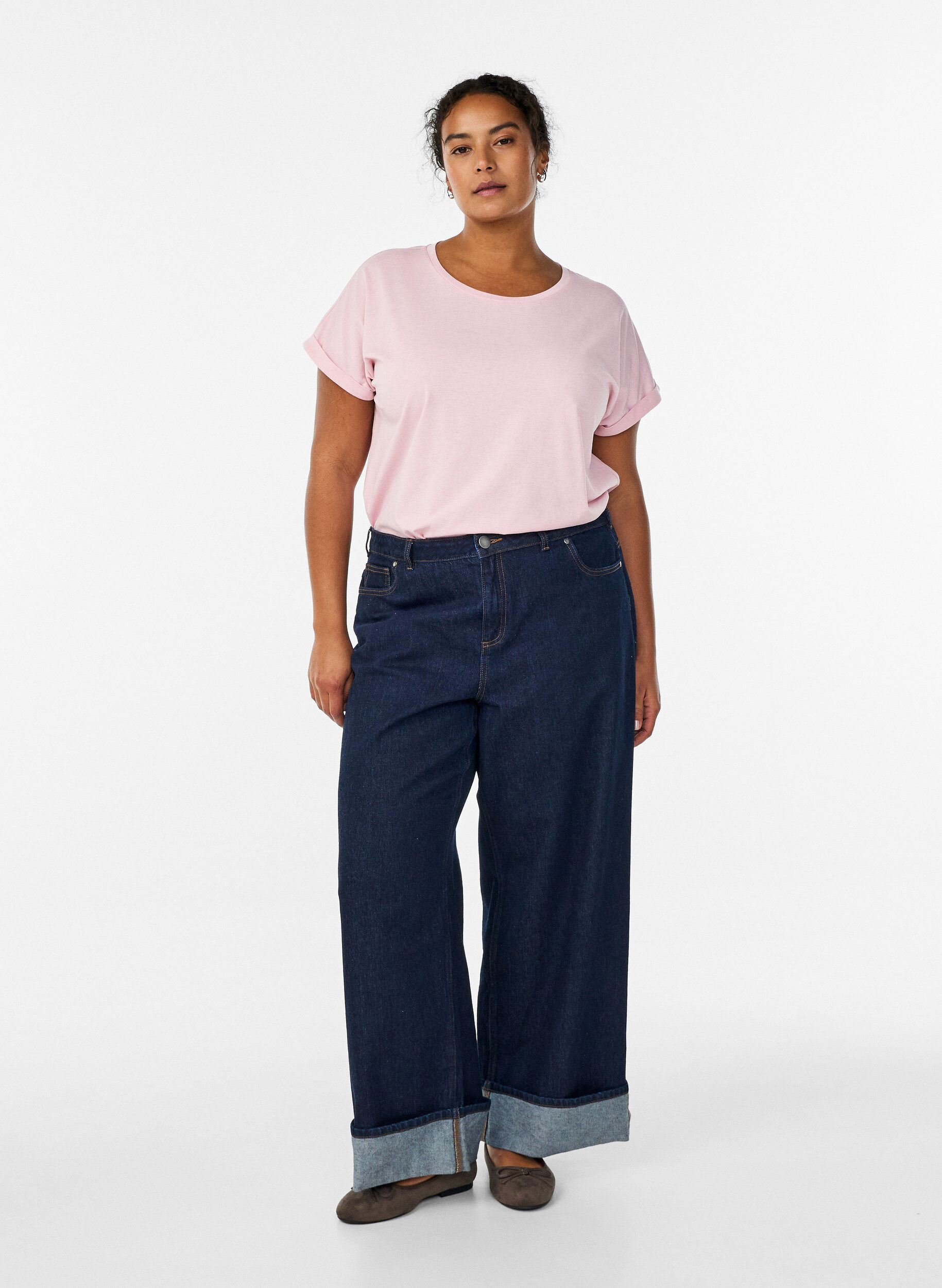 Zizzi T-shirt &agrave; manches courtes en coton m&eacute;lang&eacute;, Rose, Model image number 1