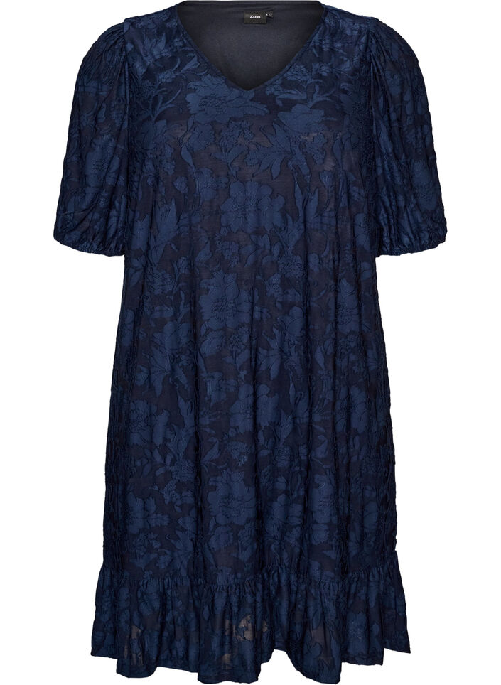 Robe &agrave; texture florale et bordure &agrave; volants, Bleu, Packshot image number 0