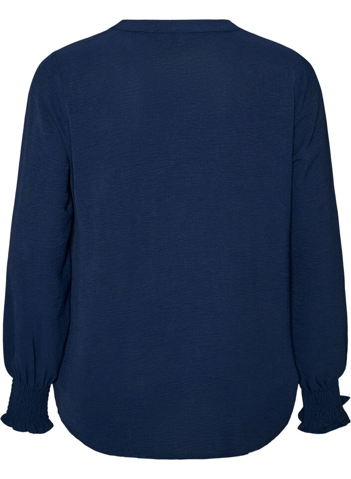 Blouse avec poignets smock&eacute;s et col en V, Bleu, Packshot image number 1