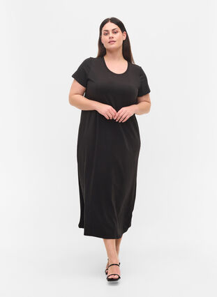 Robe midi rayée à manches courtes, Black Solid, Model image number 2