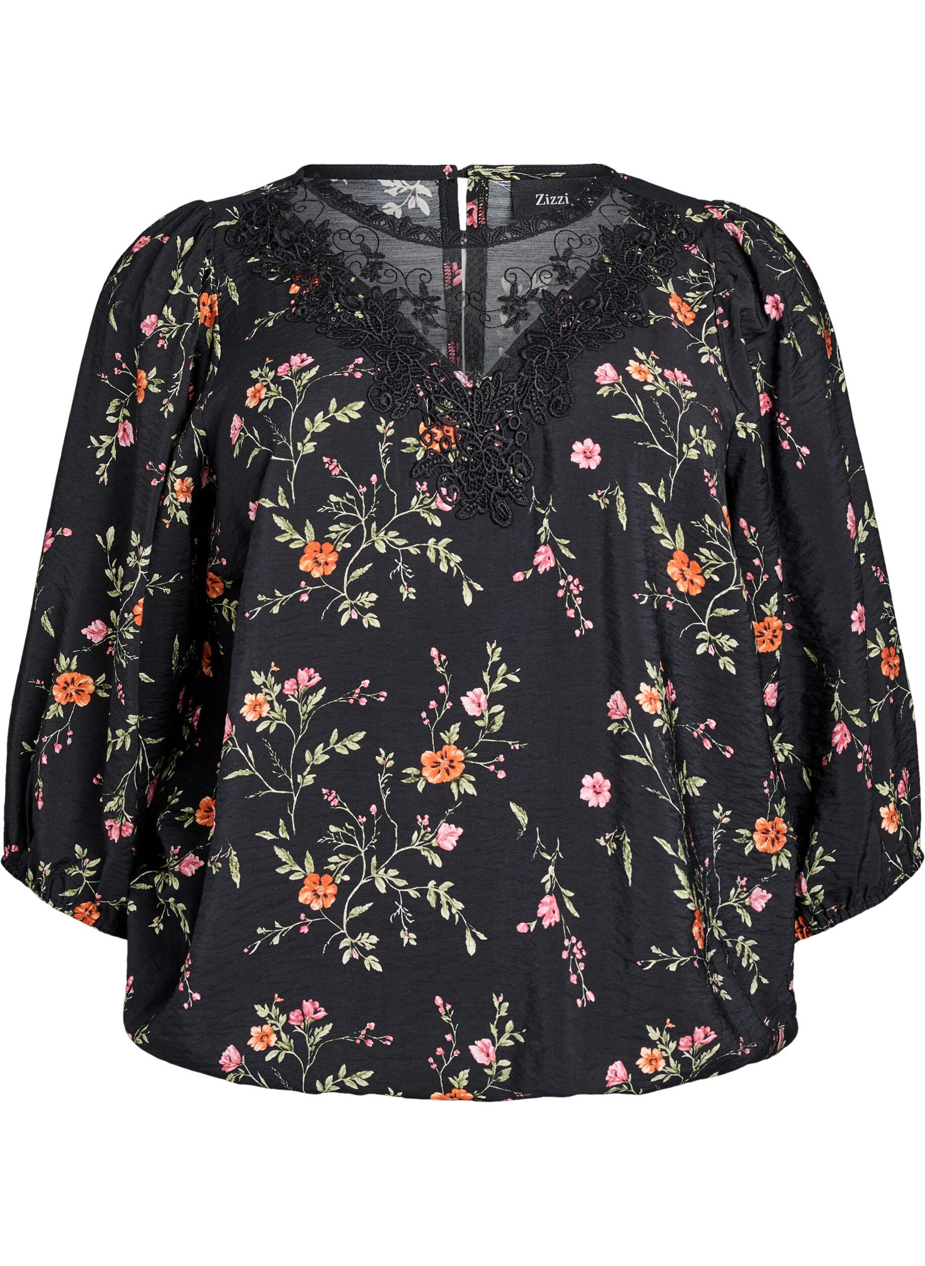 ZizziBlouse avec manches 3/4 et d&eacute;tails en dentelle, Noir, Packshot image number 0