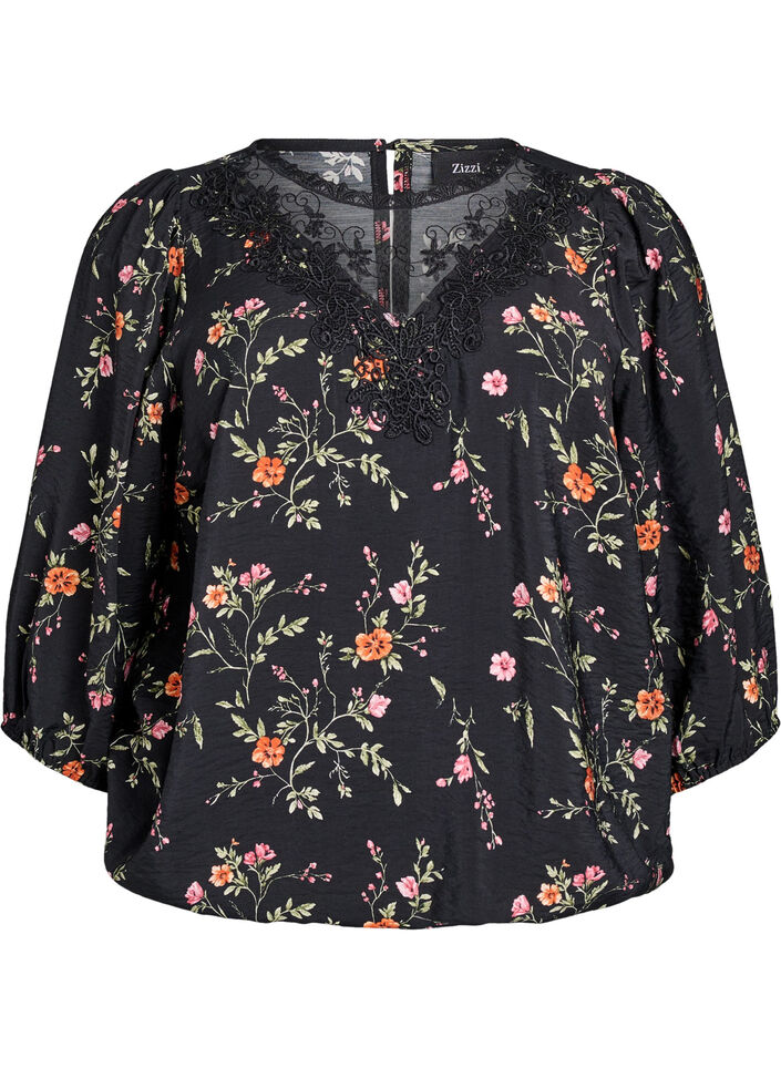Blouse avec manches 3/4 et d&eacute;tails en dentelle, Noir, Packshot image number 0