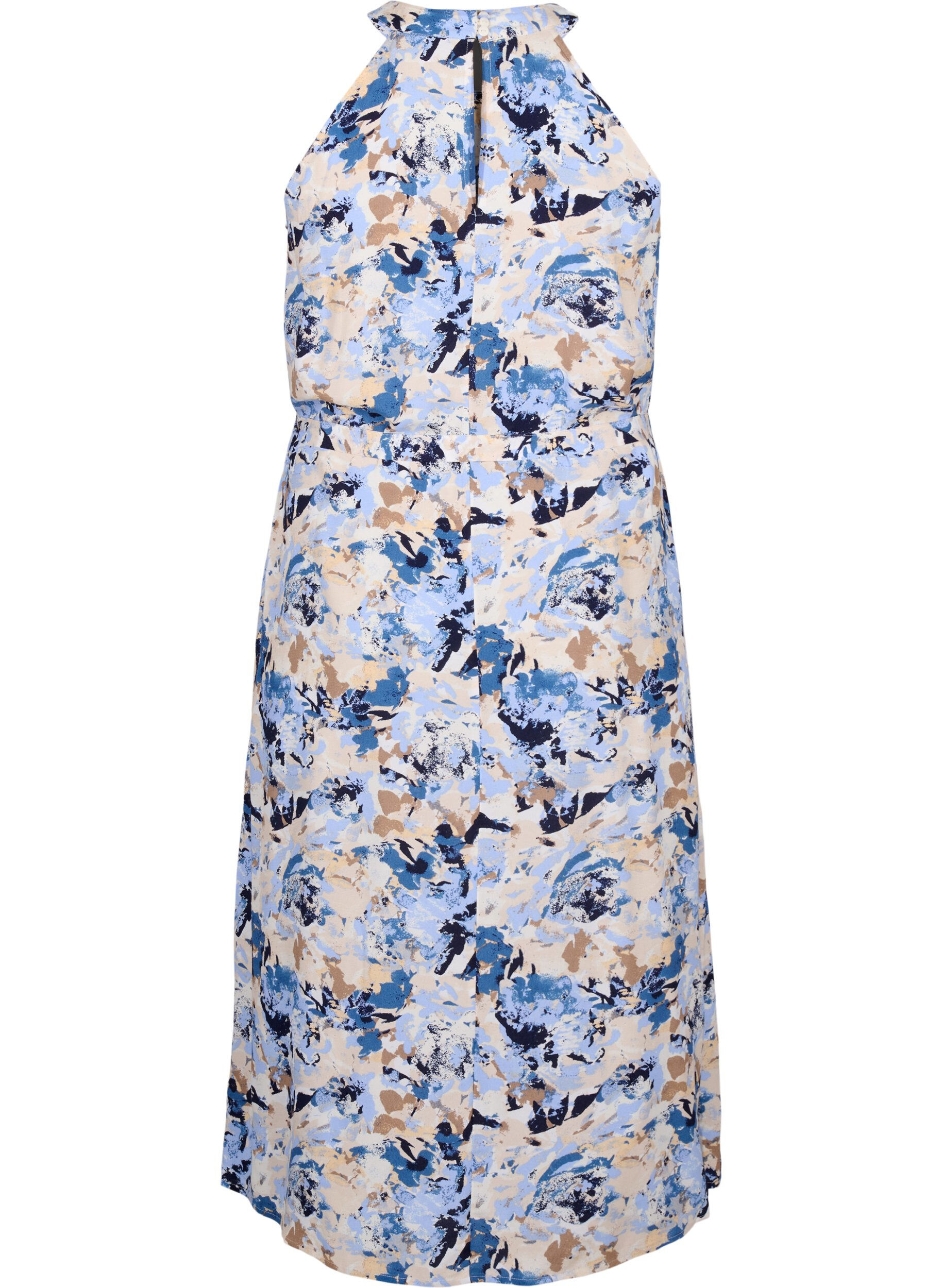 Zizzi Robe de cocktail en viscose avec dos nu, Blue Graphic AOP, Packshot image number 1