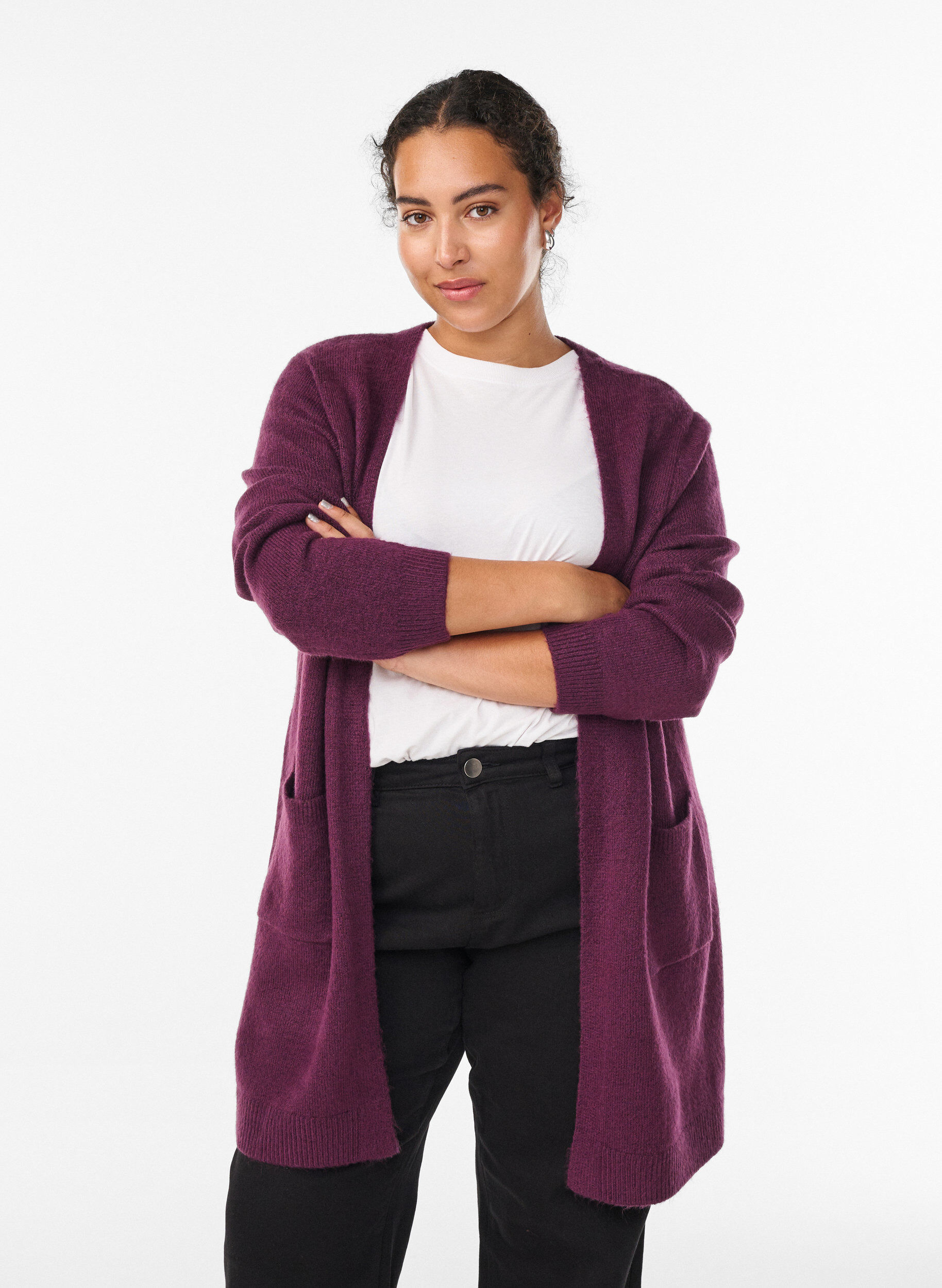 Long cardigan tricot&eacute; avec poches, Violet, Model