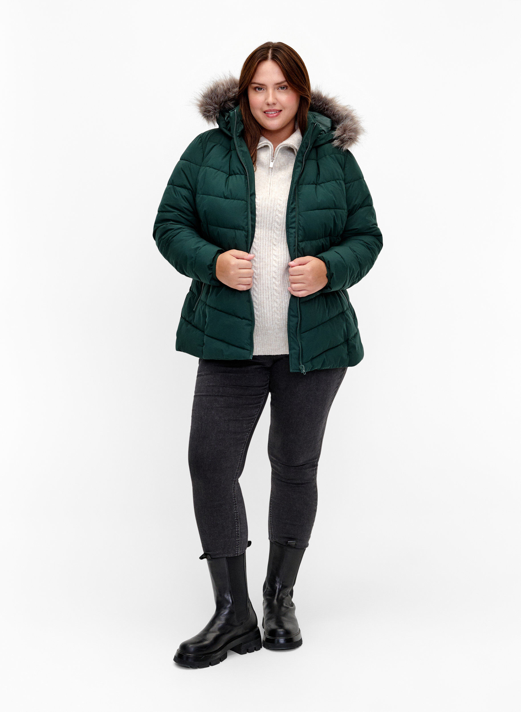 Zizzi Veste courte &agrave; capuche, Vert fonc&eacute;, Model image number 1