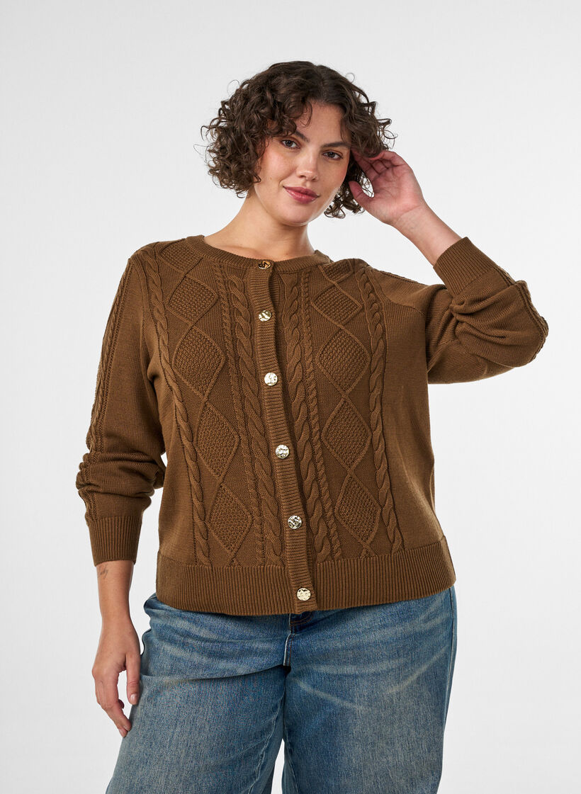 Cardigan en maille torsad&eacute;e avec boutons d&eacute;coratifs, Marron, Model image number 0