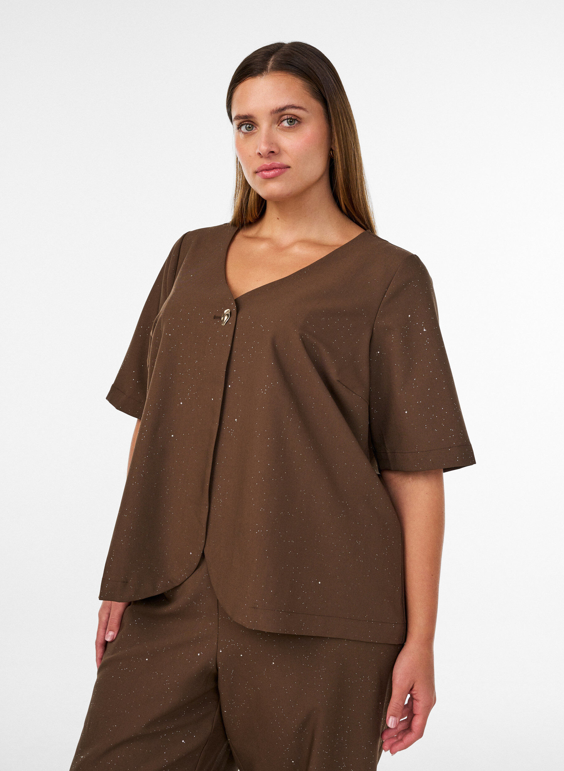 ZizziBlouse avec paillettes et col en V, Marron, Model image number 0